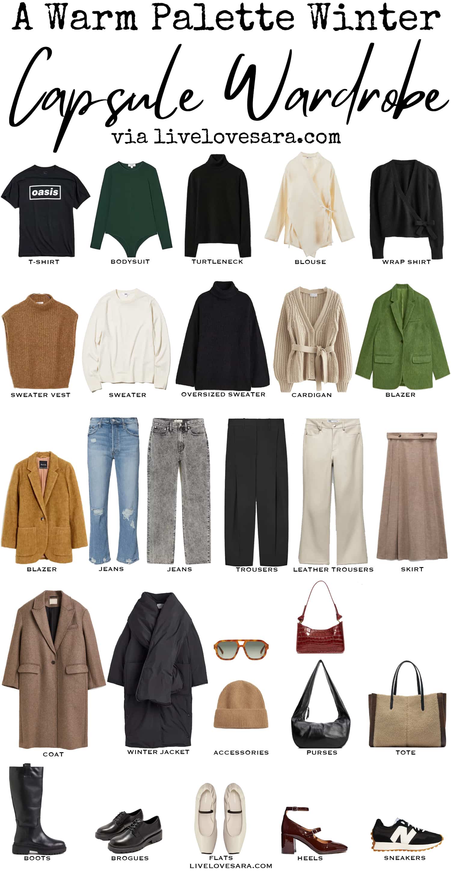 A white background with 28 pieces from the Warm Palette Winter Capsule Wardrobe 2022/2023