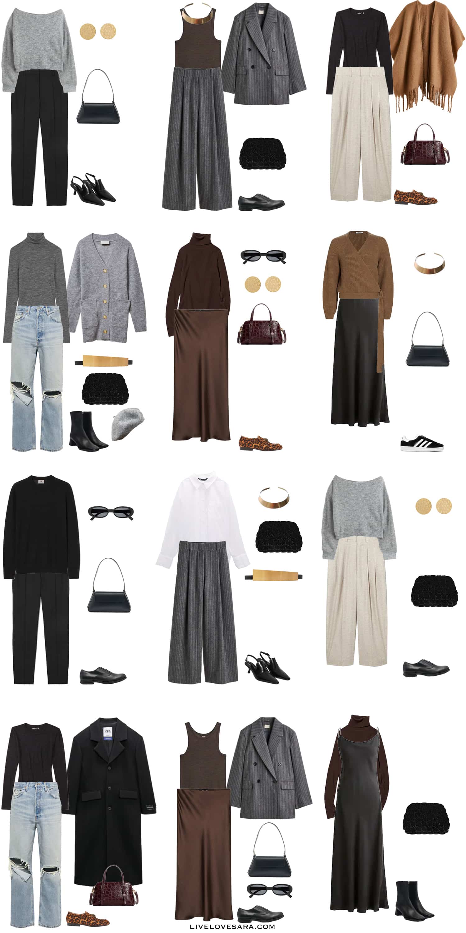 A white background with 12 outfits from the 90s DKNY Inspired Winter Capsule Wardrobe.