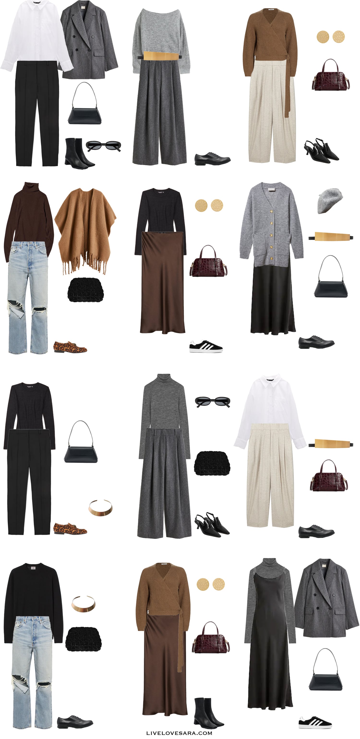 A white background with 12 outfits from the 90s DKNY Inspired Winter Capsule Wardrobe.