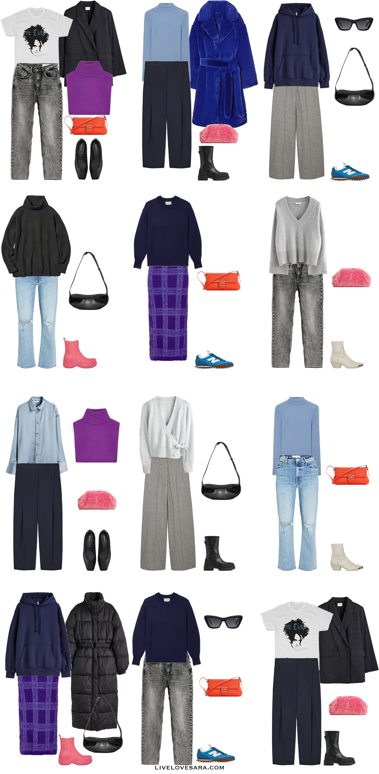 A white background with 12 outfits from the Cool Palette Winter Capsule Wardrobe.