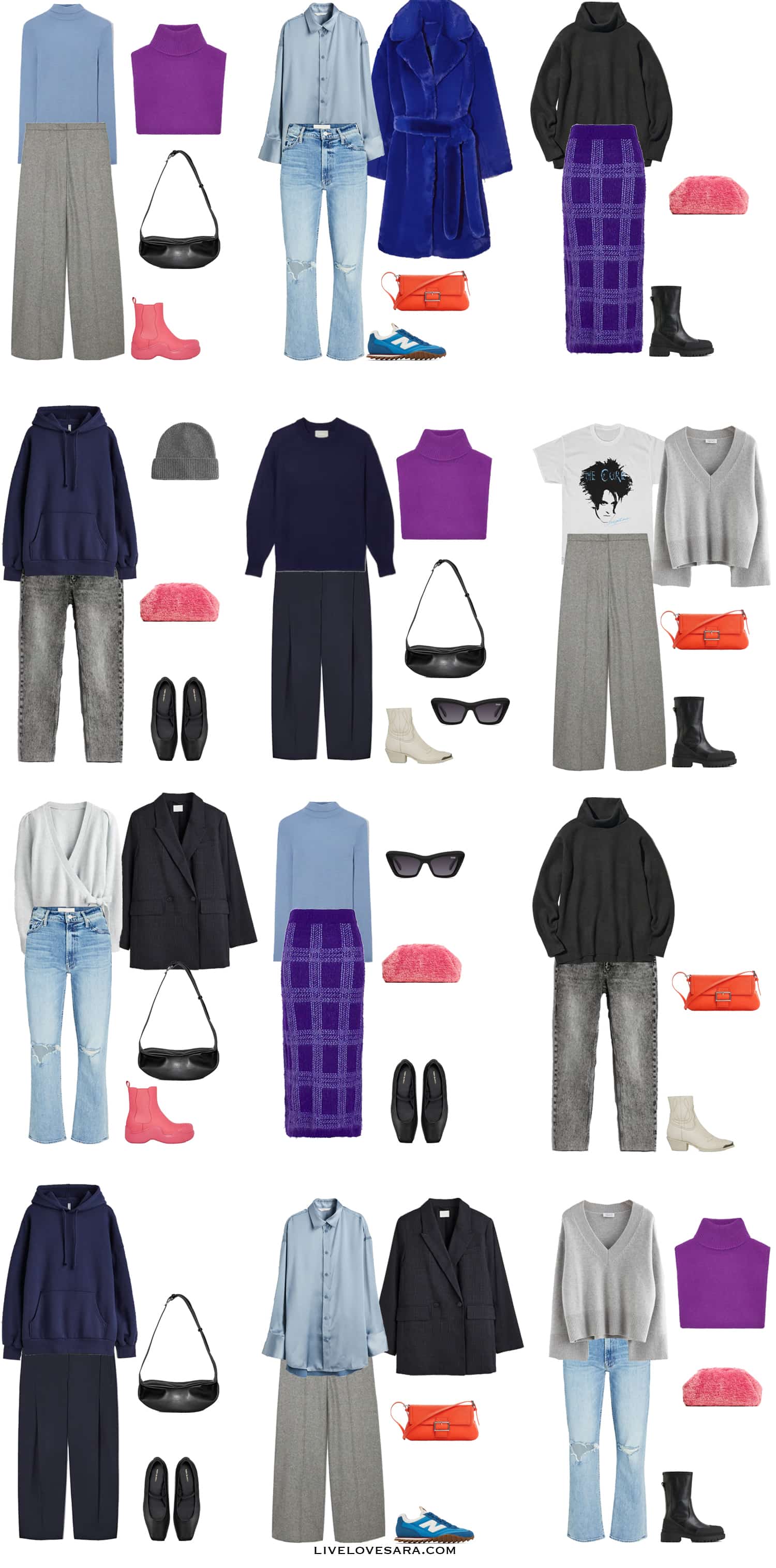 A white background with 12 outfits from the Cool Palette Winter Capsule Wardrobe.