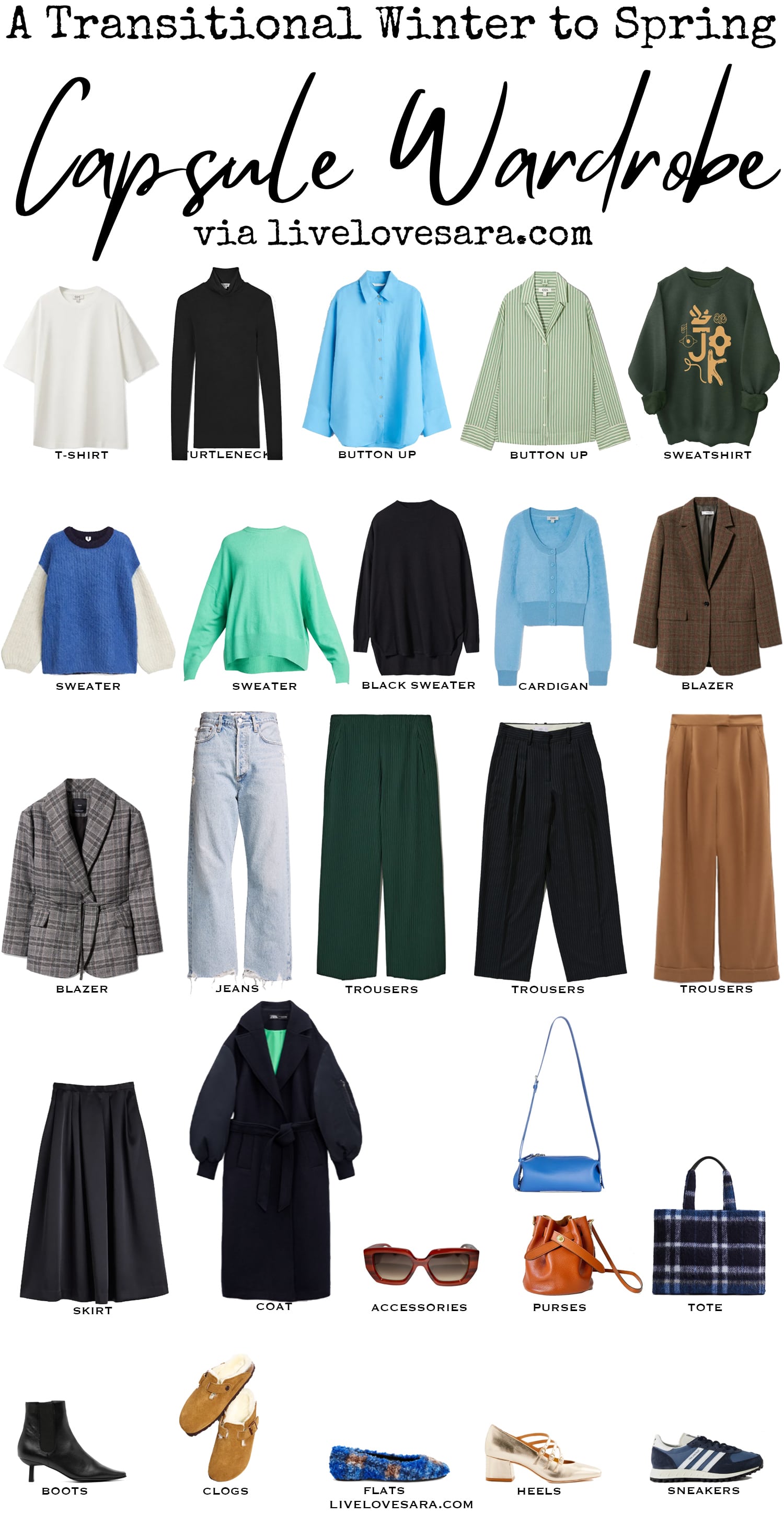 A white background with 26 items including clothes, shoes and accessories from the Wardrobe Overhaul and Transitional Winter to Spring Capsule Wardrobe
