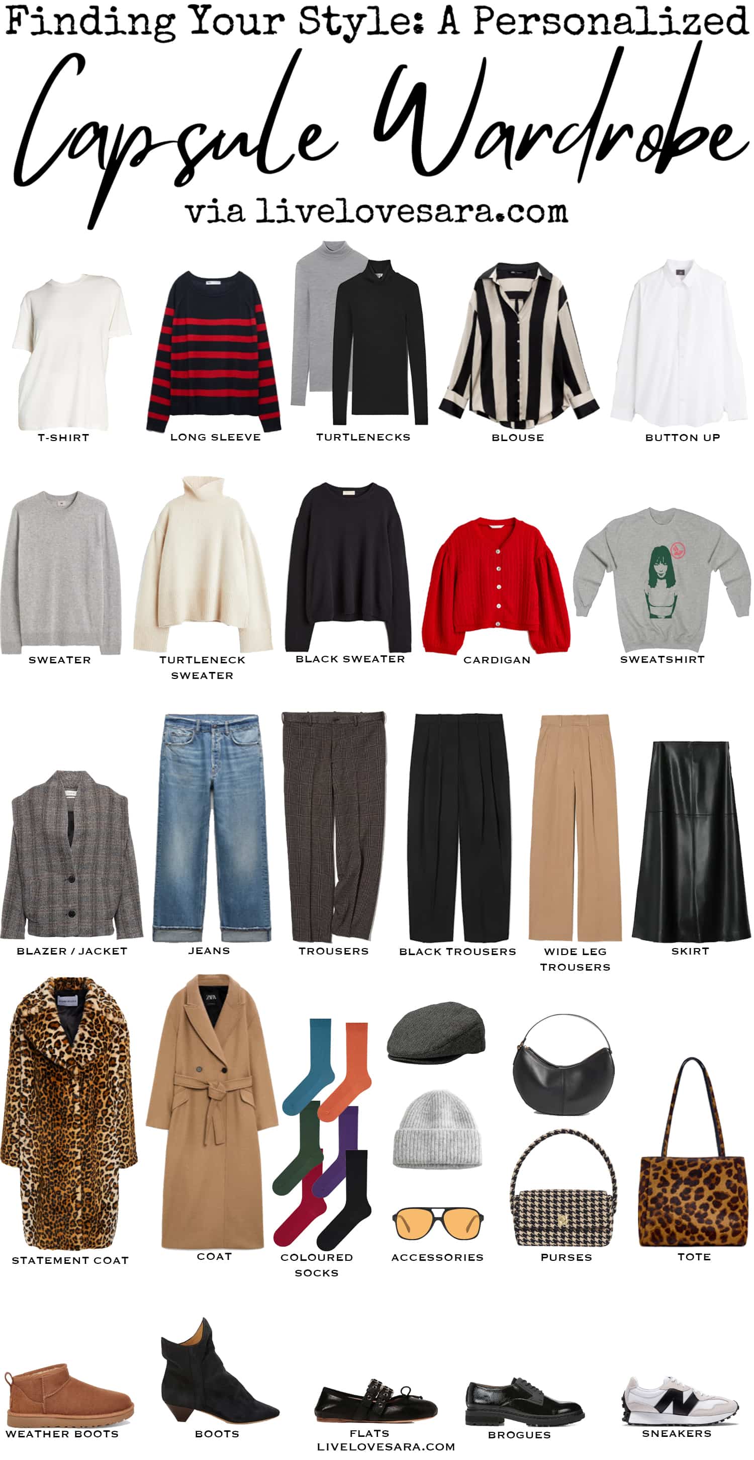 A white background with 31 clothes, shoes and accessories from the Finding Your Style Personalized Capsule Wardrobe