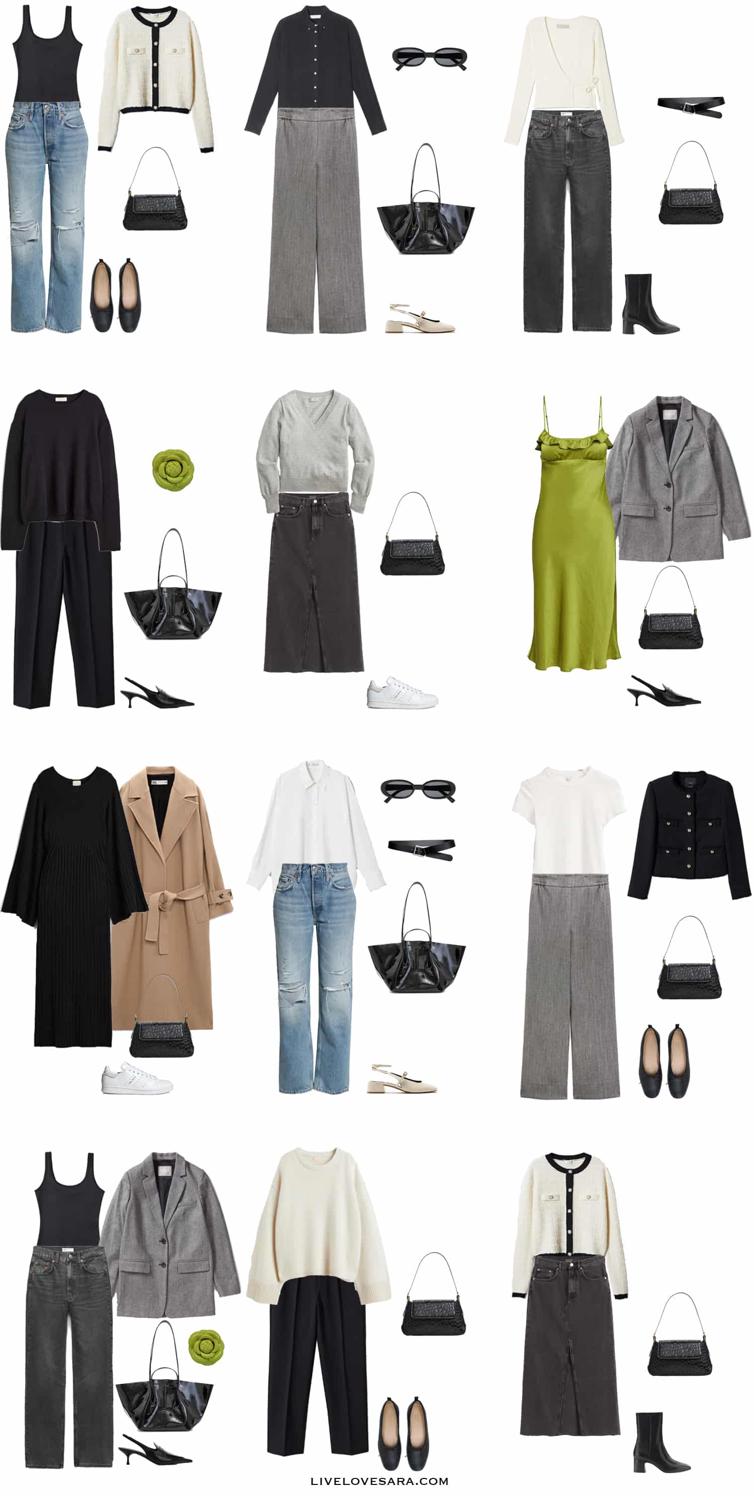 A white background with 12 outfits from a 90s Minimalist Spring Capsule Wardrobe