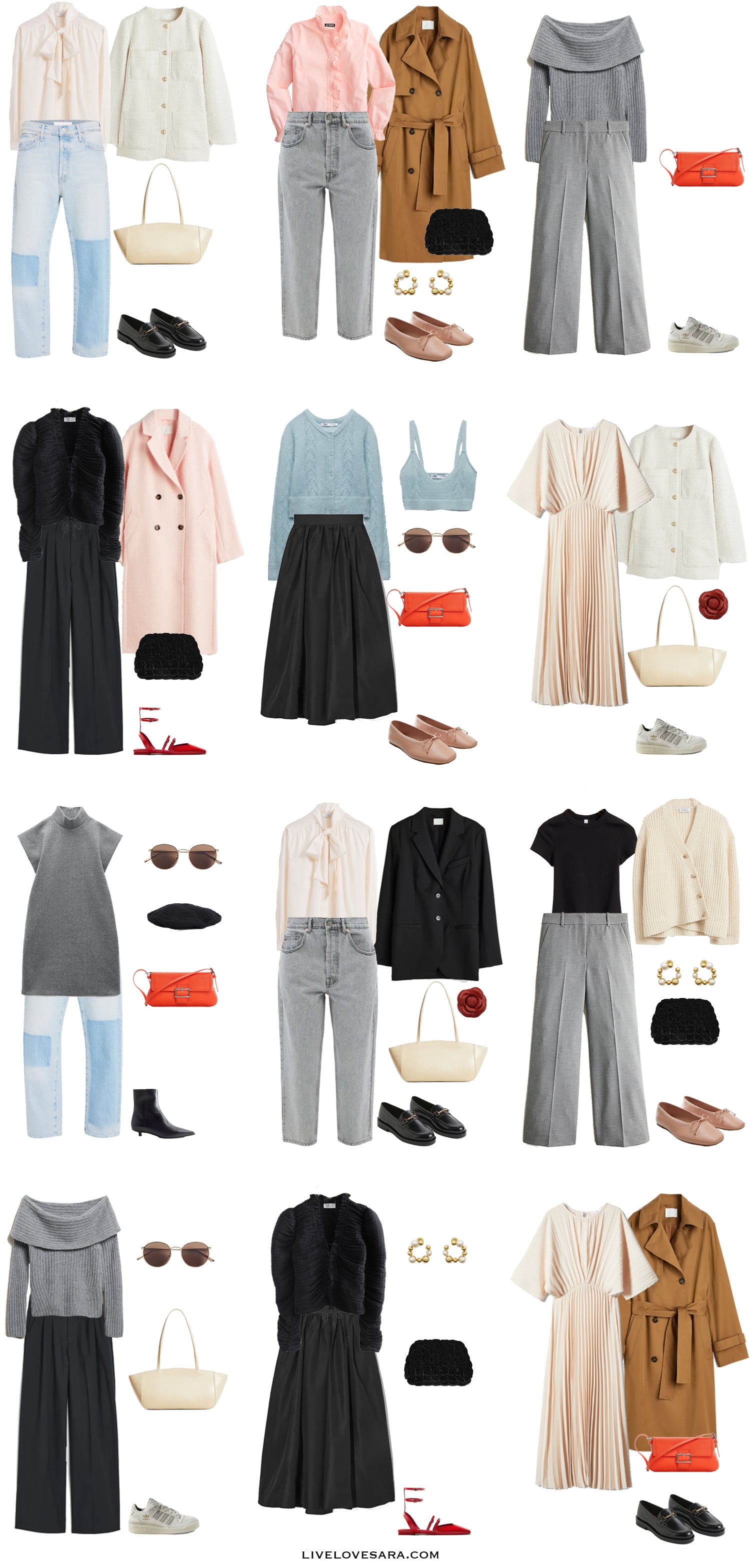 A white background with 12 outfits from Romantic Capsule Wardrobe for Spring.