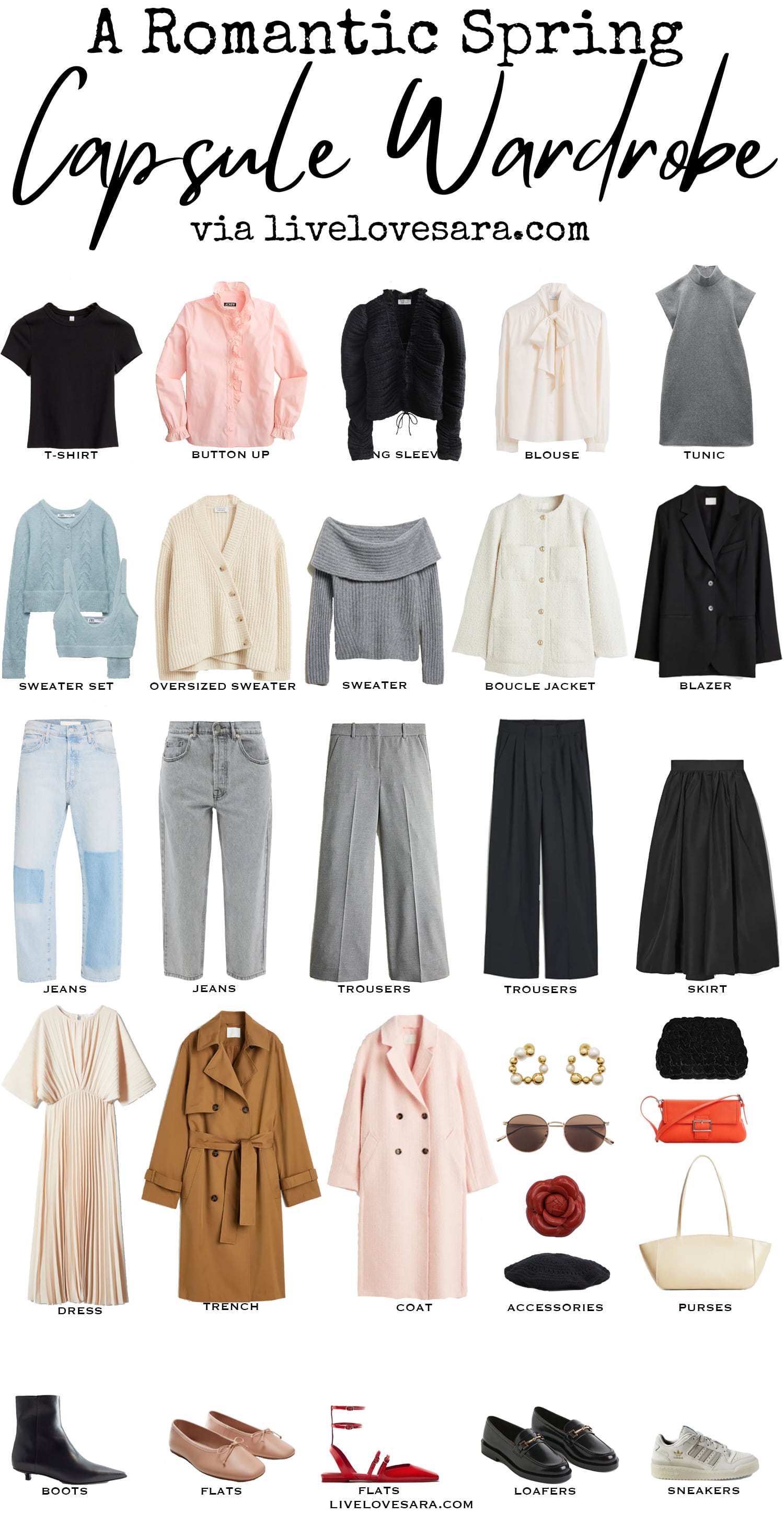 A white background with 30 items including clothes, shoes and accessories from A Romantic Capsule Wardrobe for Spring.