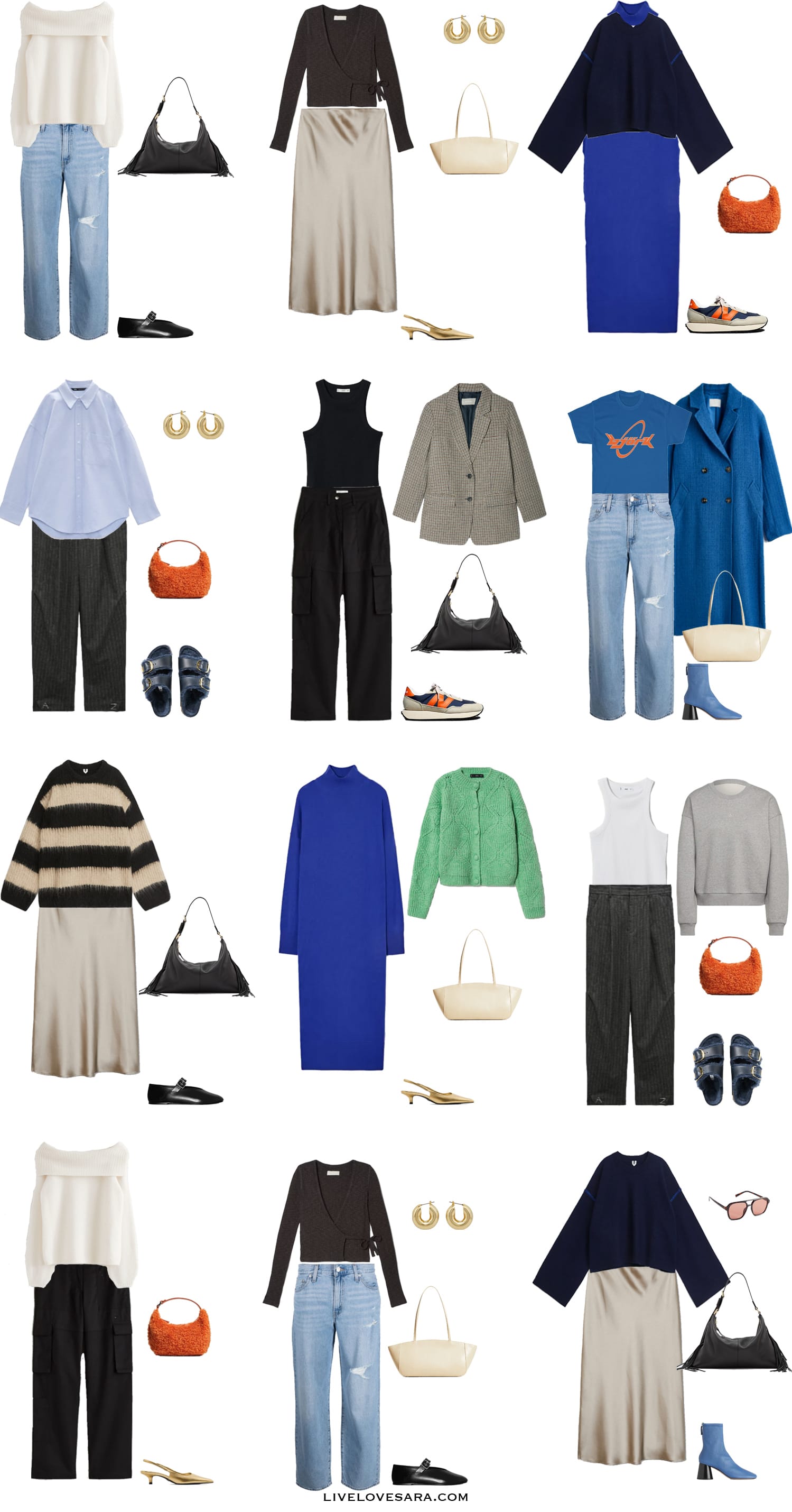 A white background with 12 outfits from the Easy Spring Capsule Wardrobe