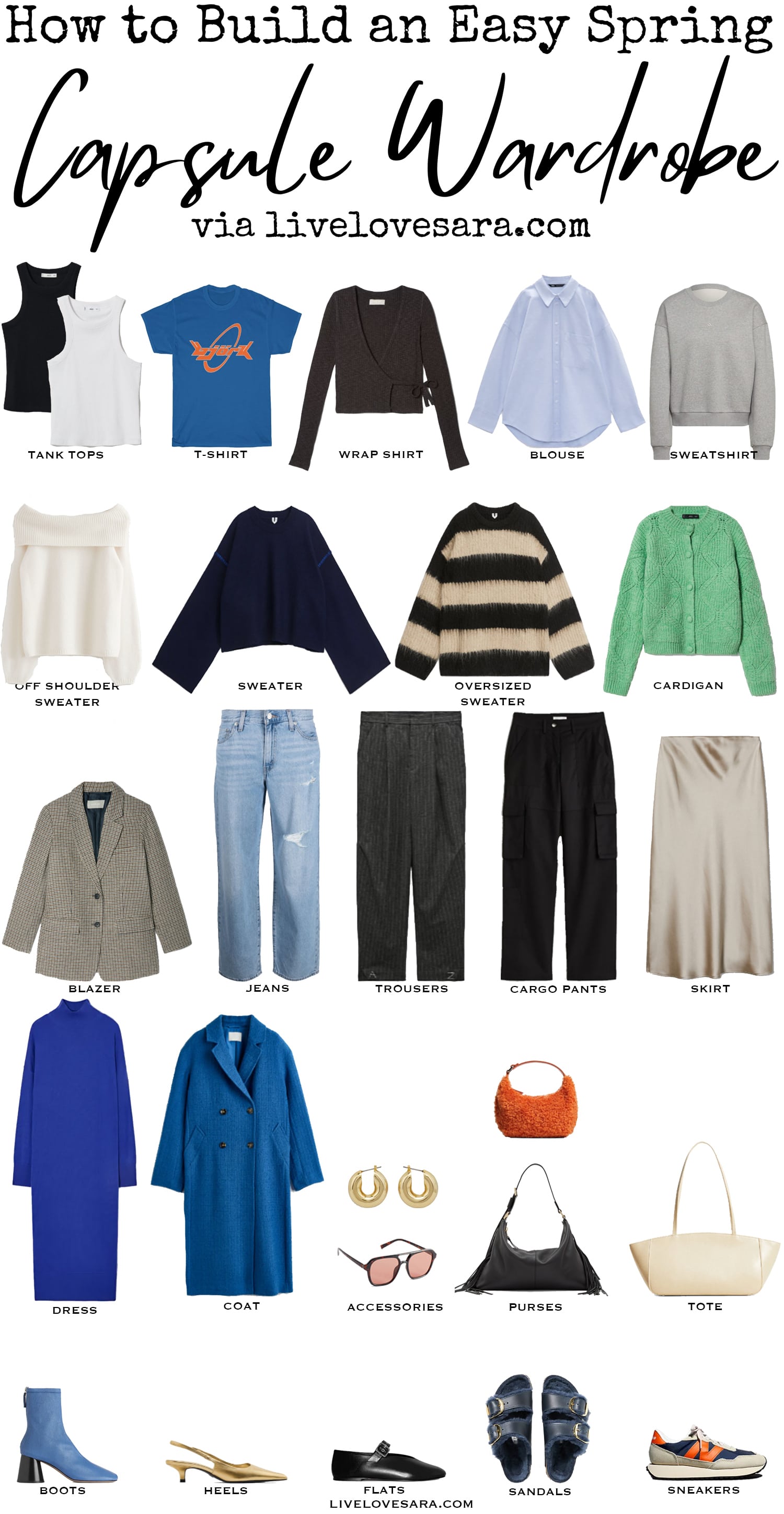 A white background with 26 items including clothes, shoes and accessories from How to Build an Easy Spring Capsule Wardrobe