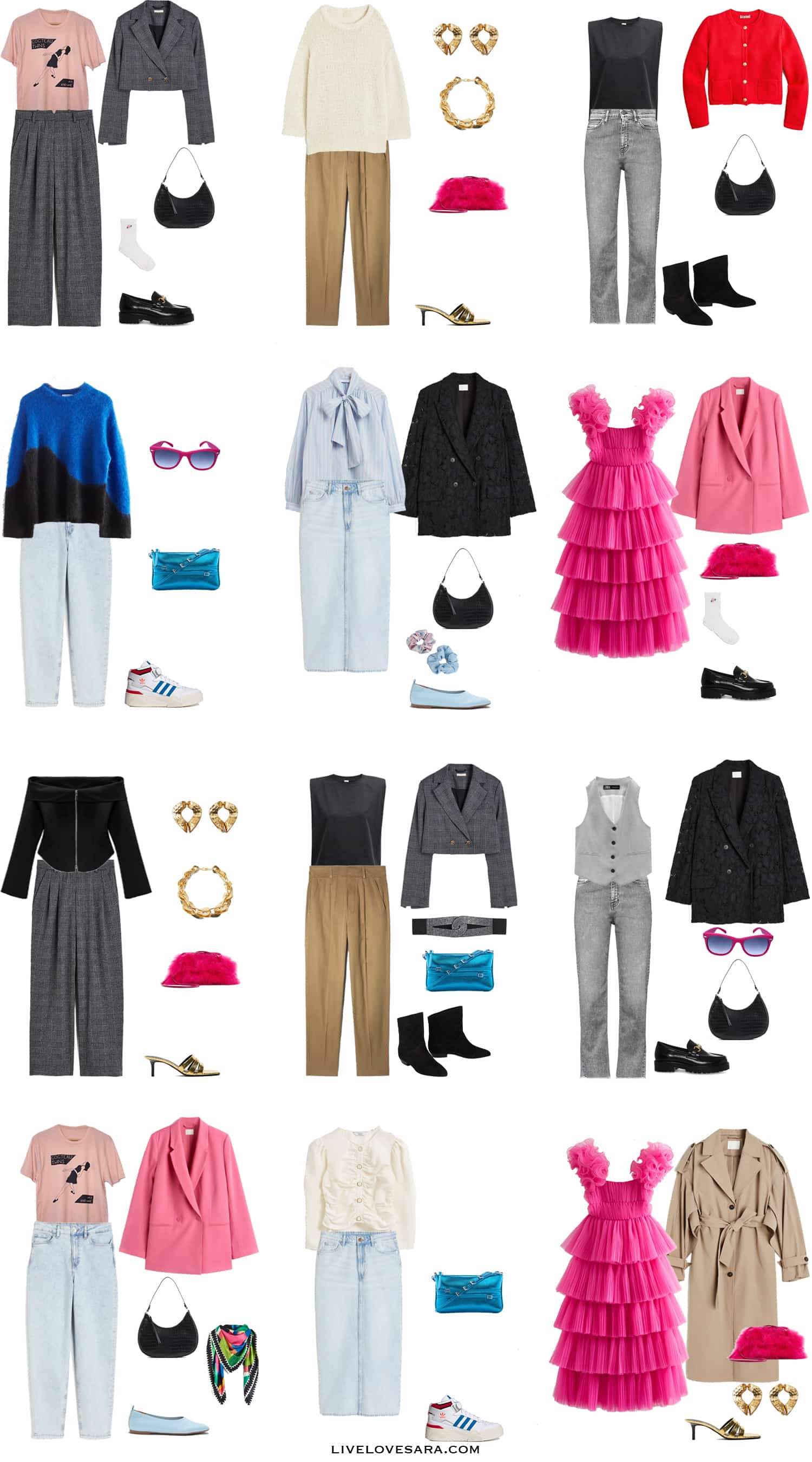 A white background with 12 outfits for an 80s Inspired Spring Capsule Wardrobe.
