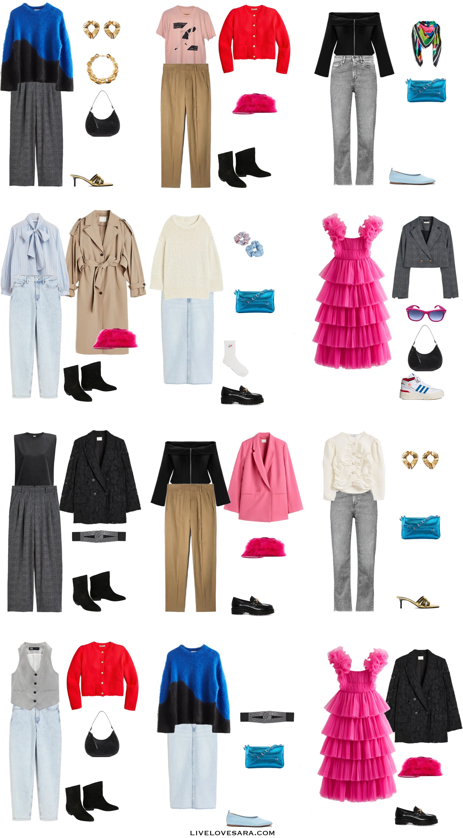 A white background with 12 outfits for an 80s Inspired Spring Capsule Wardrobe.