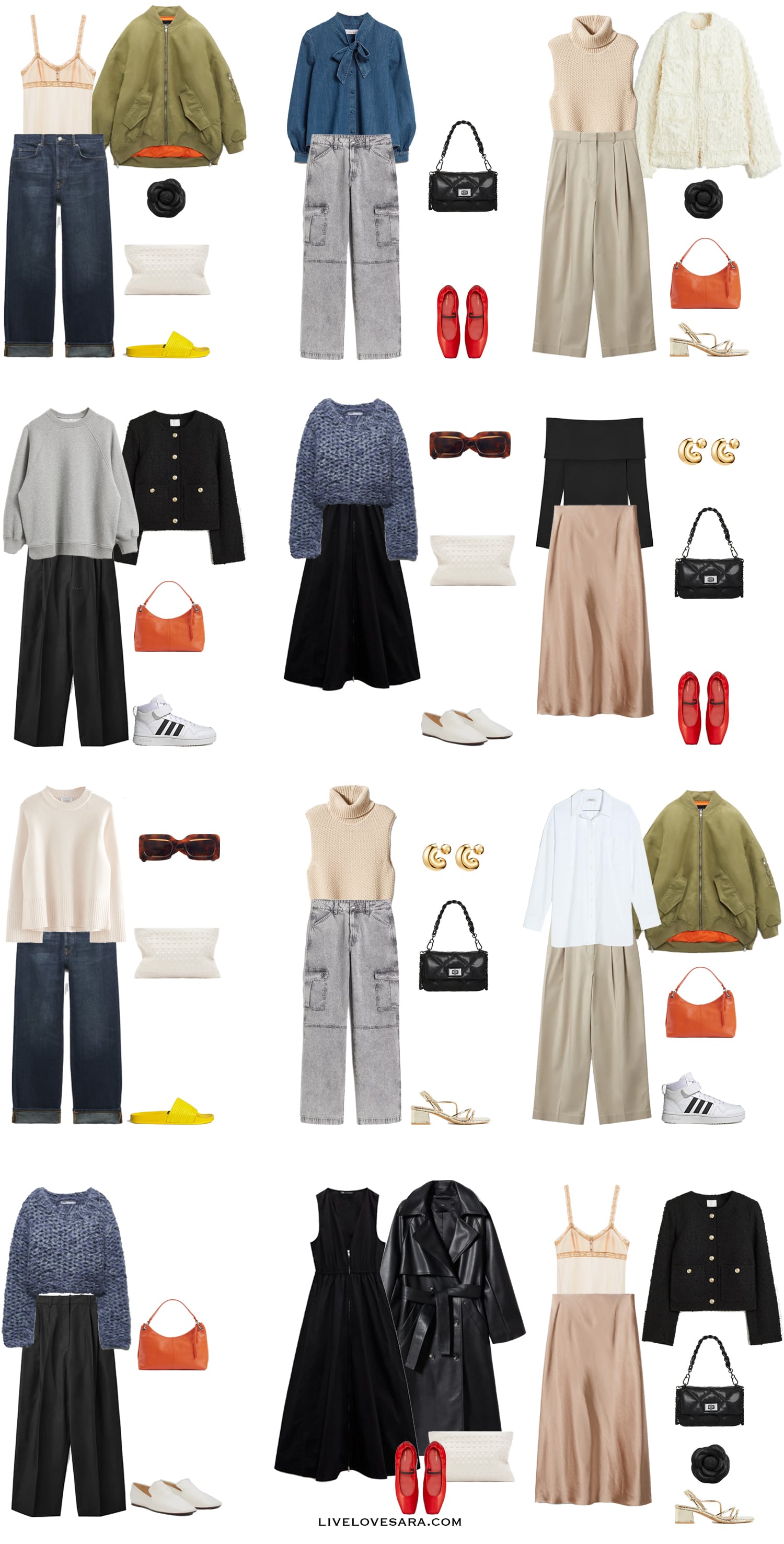A white background with 12 outfits from Building a Spring Capsule Wardrobe using Your Style Adjectives.