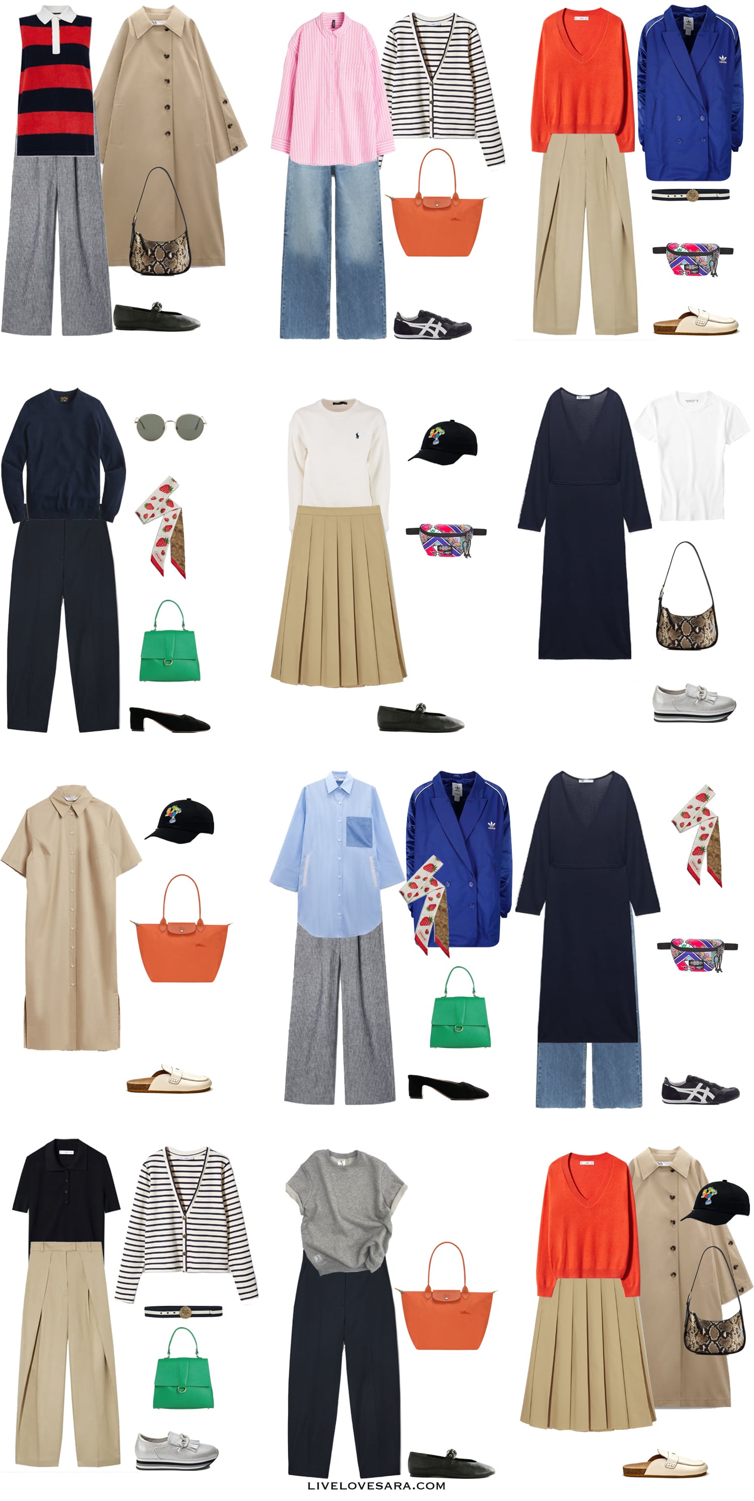 A white background with 12 outfits for a Distorted Preppy Spring Capsule Wardrobe.