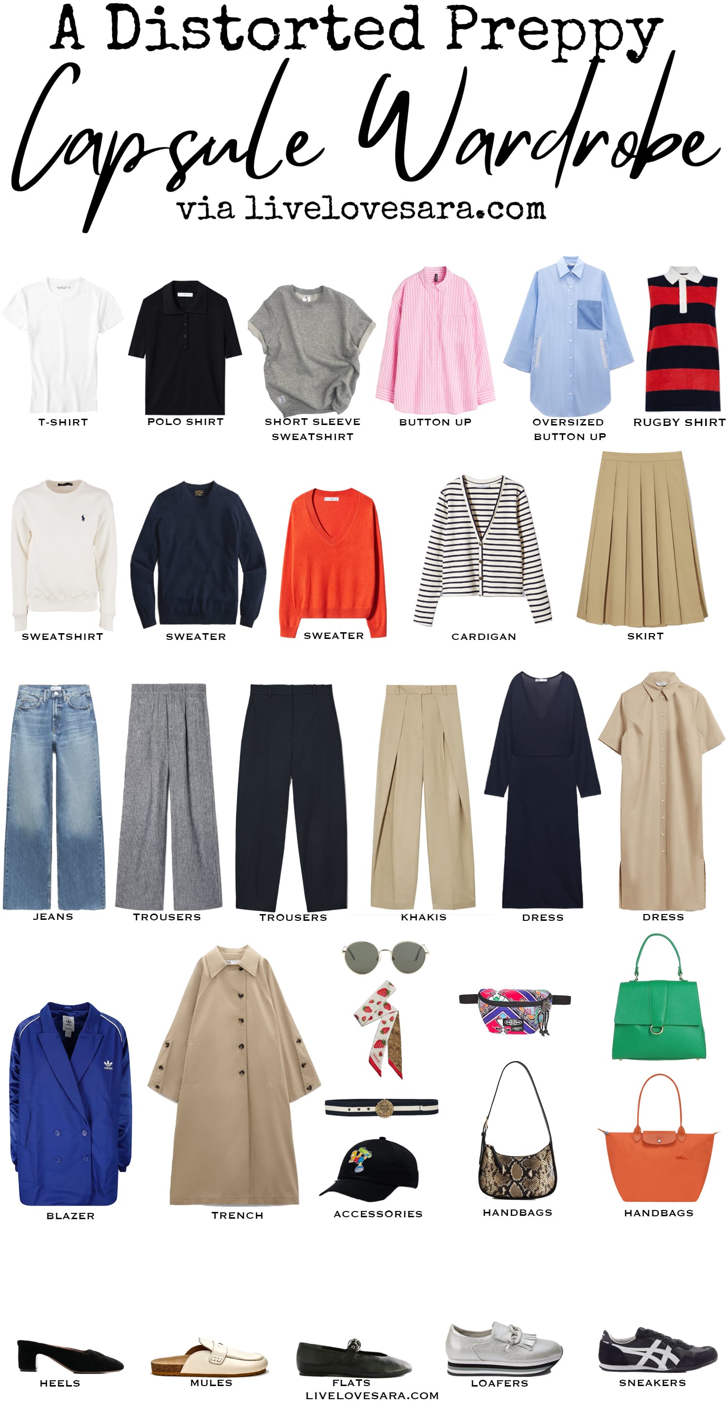 A white background with 32 items including clothes, shoes and accessories for a Distorted Preppy spring capsule wardrobe.