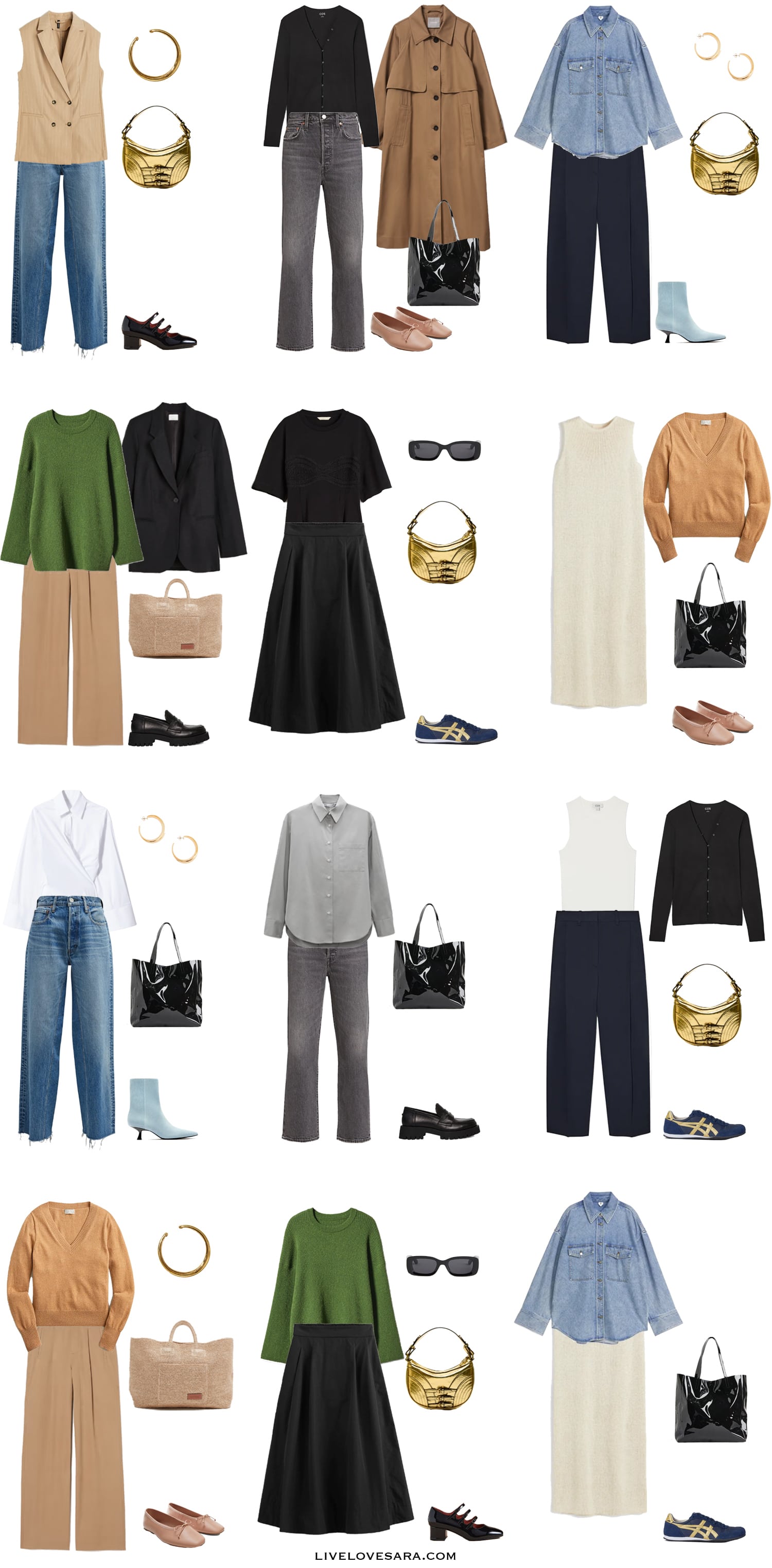 A white background with 12 outfits for a Modern Classic Spring Capsule Wardrobe.