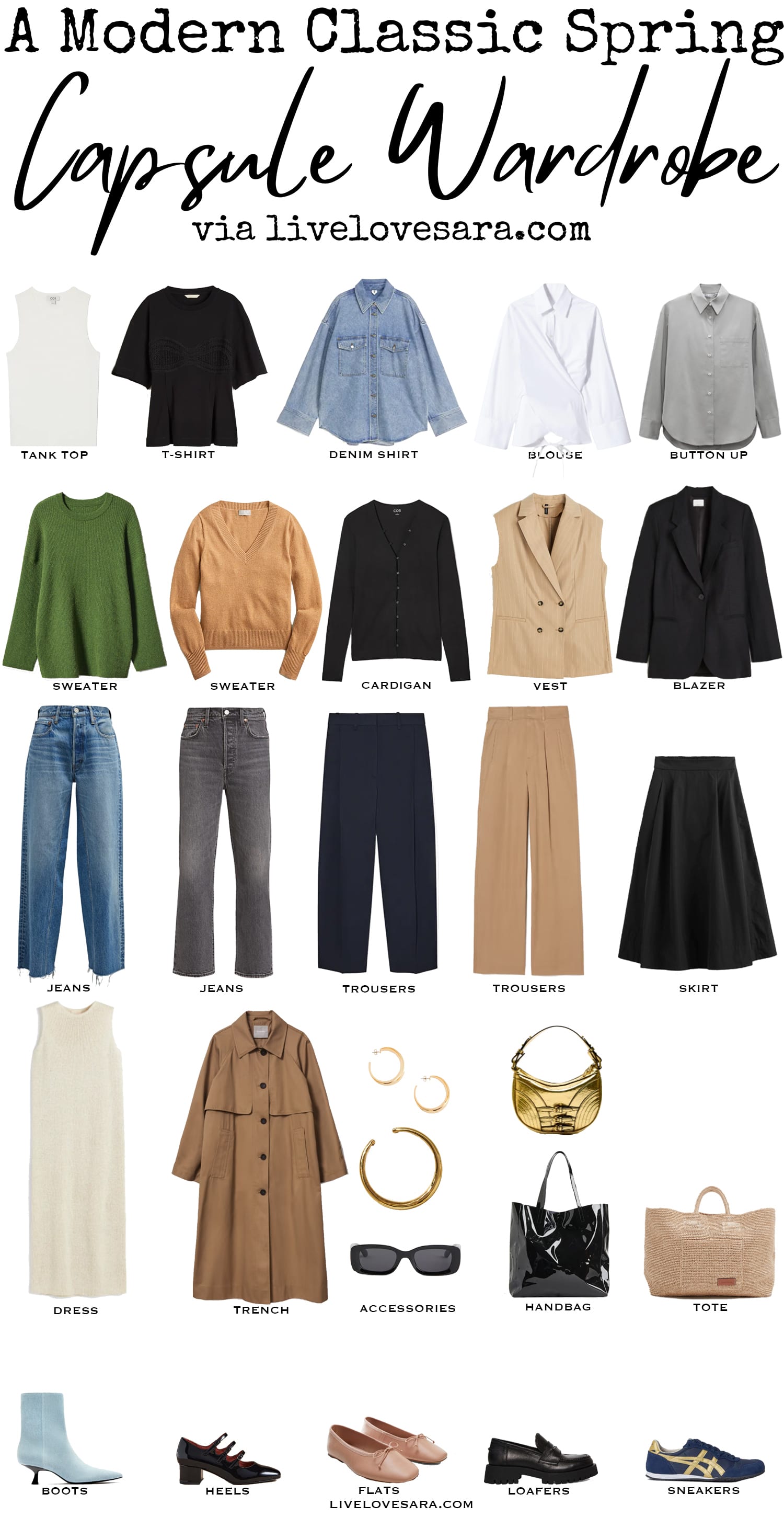 A white background with 28 items including clothes, shoes and accessories for a Modern Classic spring capsule wardrobe.