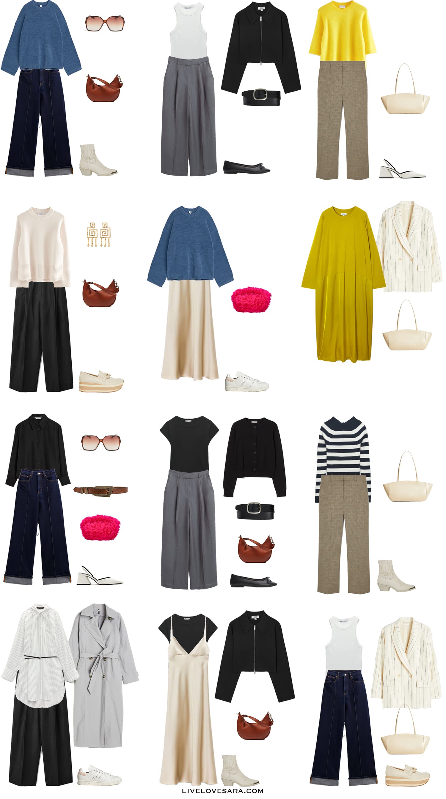 A white background with 12 outfits for an effortless Spring Capsule Wardrobe.