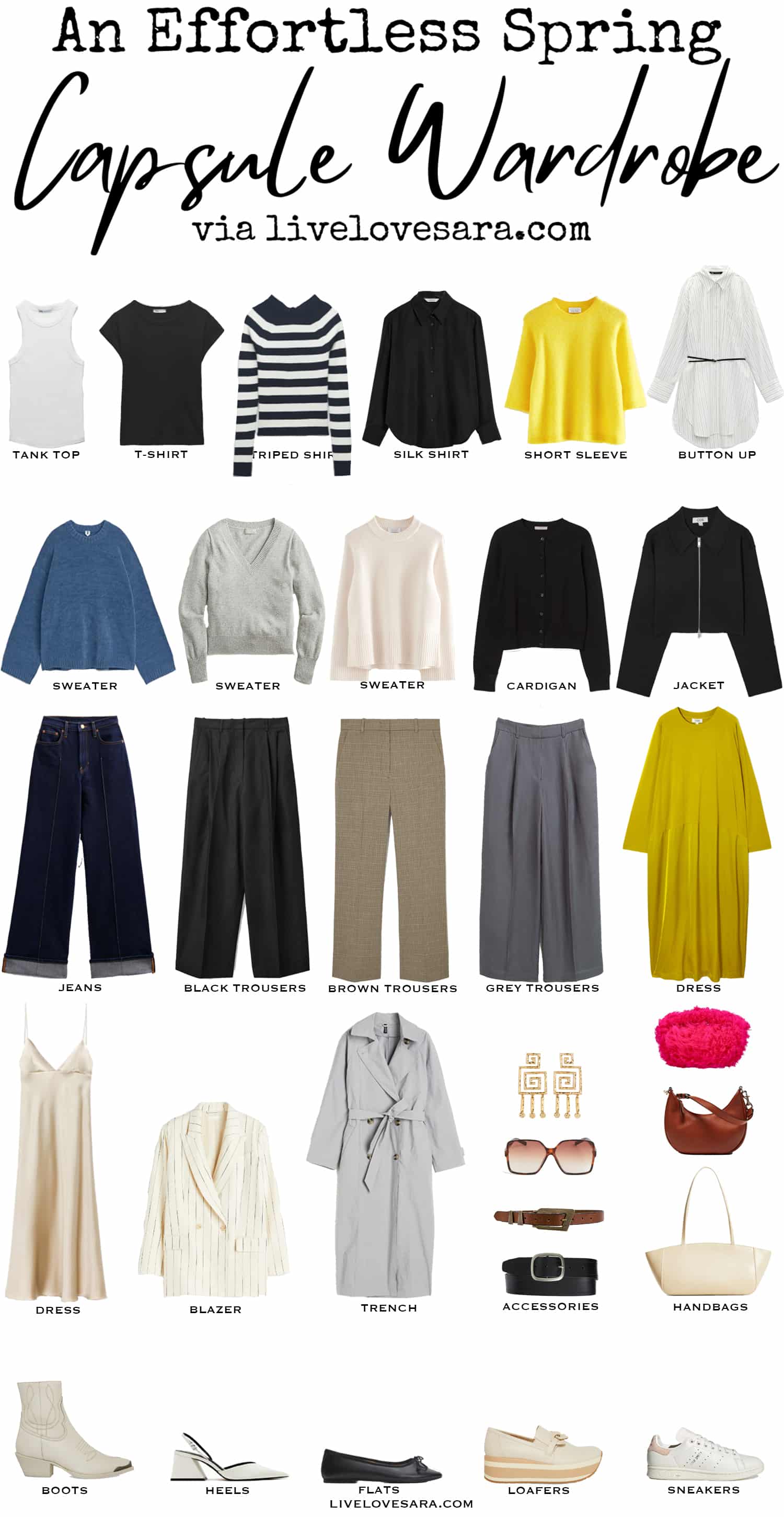 A white background with 31 items including clothes, shoes and accessories for an Effortless spring capsule wardrobe.