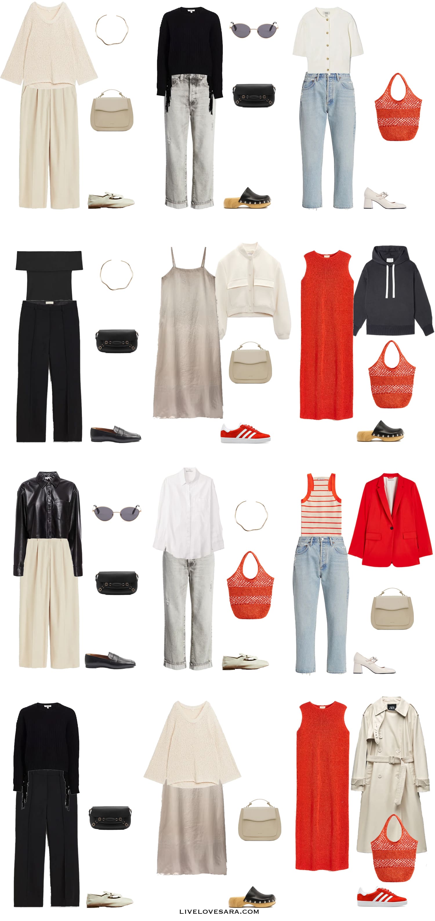 A white background with 12 outfits for a Starter Capsule Wardrobe.