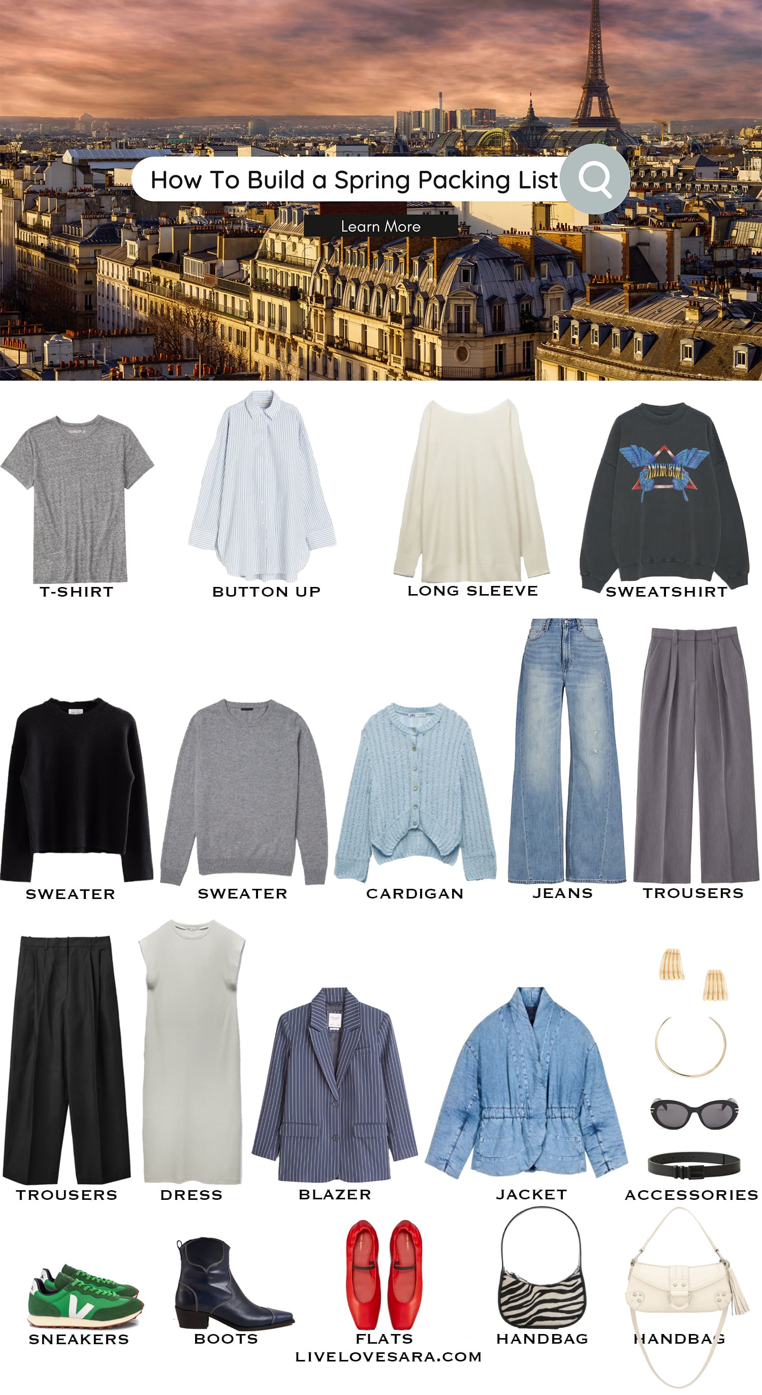 A White background with an image at the top of Paris rooftops and the Eiffel Tower. Underneath are 22 pieces including clothes, shoes, and accessories to pack for the Ultimate Spring Packing List.