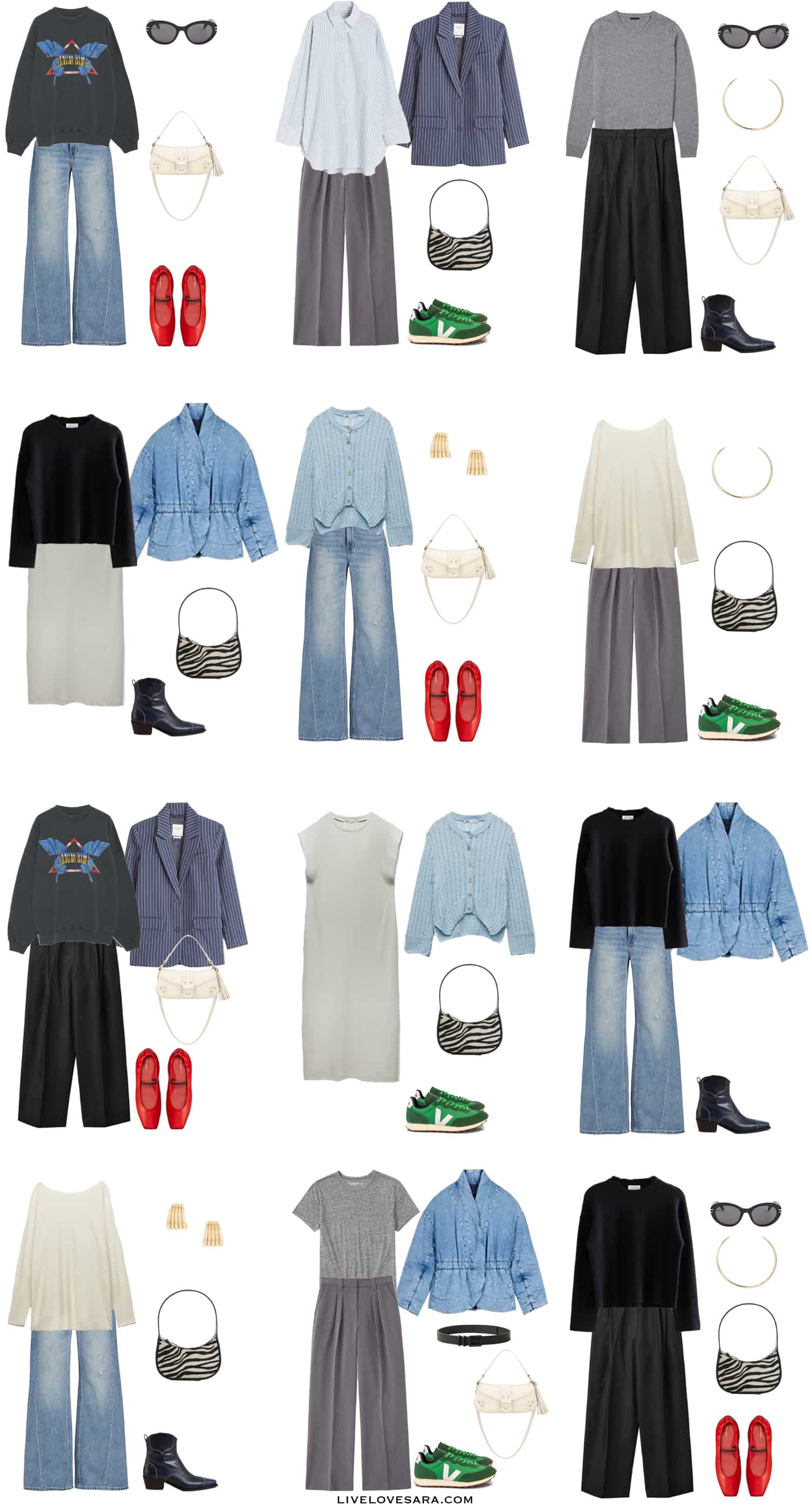 A White with 12 outfits from the ultimate spring packing list.