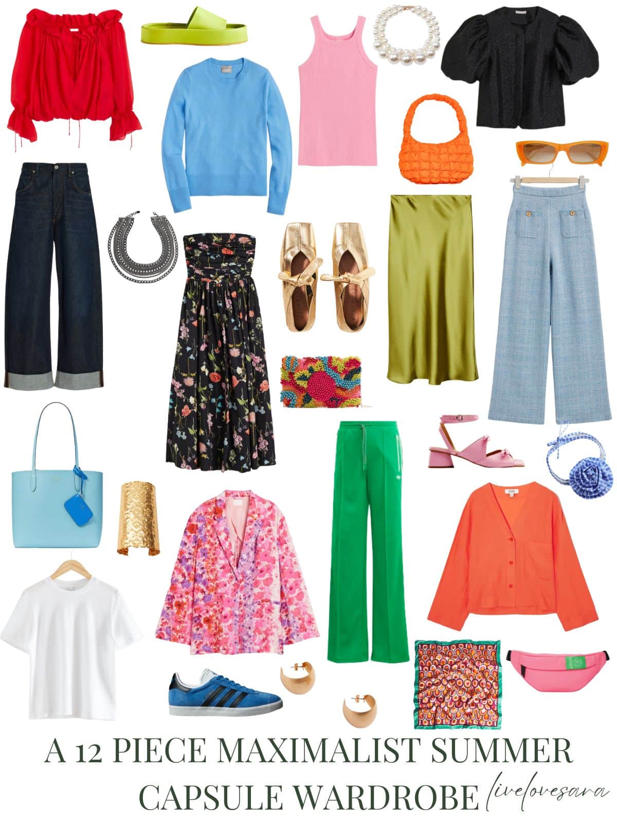 A white background with 12 clothing items plus shoes and accessories for a maximalist summer capsule wardrobe.