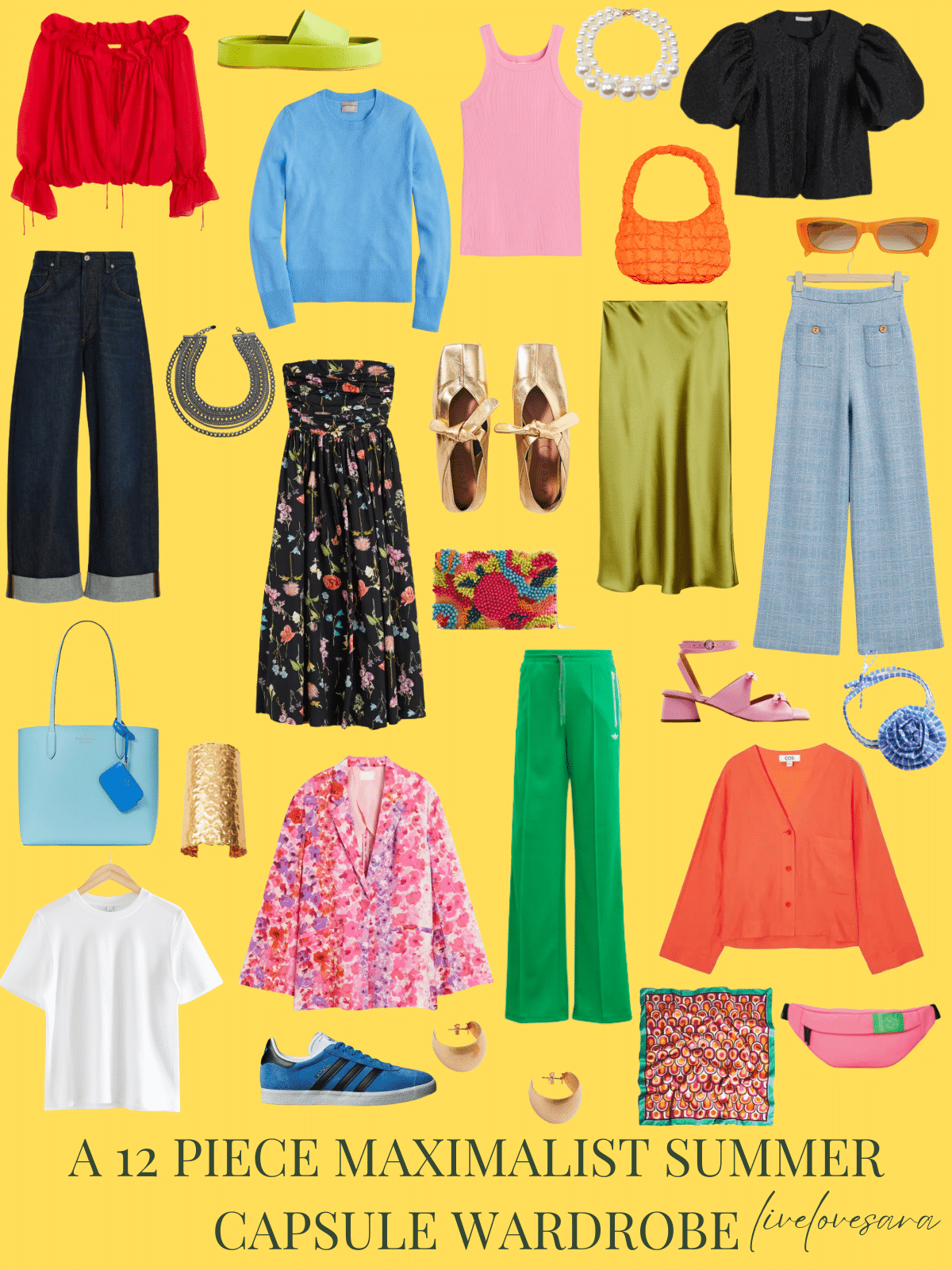 A white background with 12 clothing items plus shoes and accessories for a maximalist summer capsule wardrobe.