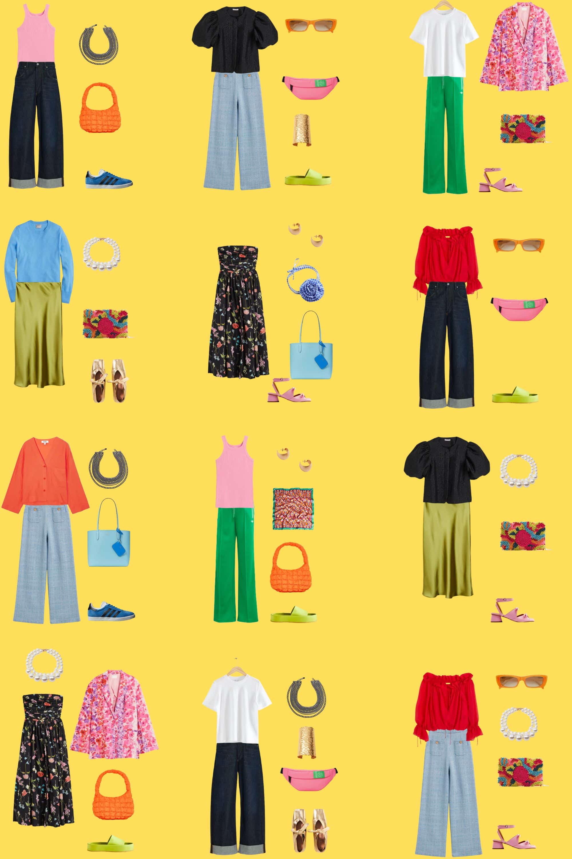 A bright yellow background with 12 outfits for a 12 Piece Maximalist Summer Capsule Wardrobe.