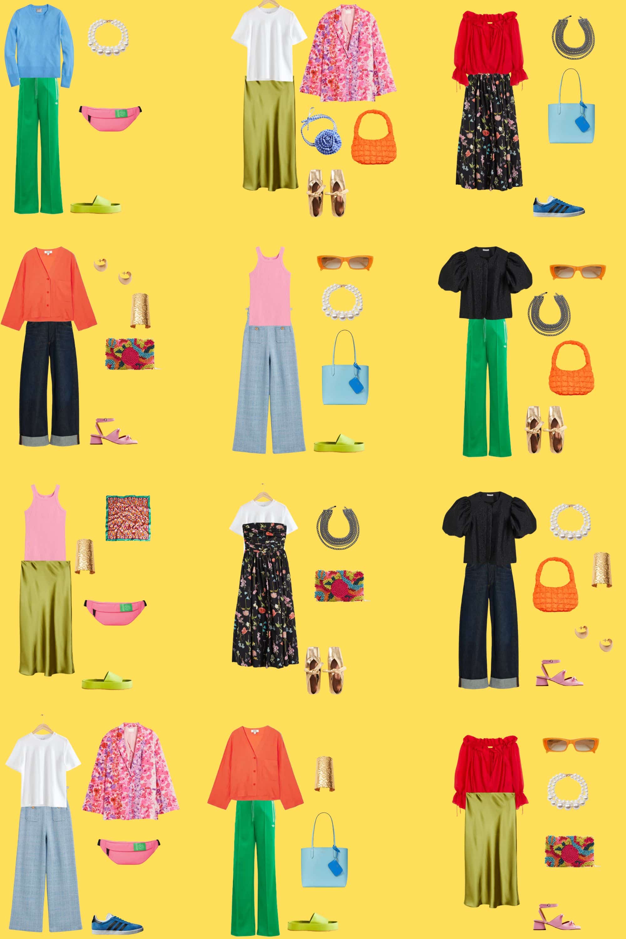 A bright yellow background with 12 outfits for a 12 Piece Maximalist Summer Capsule Wardrobe.