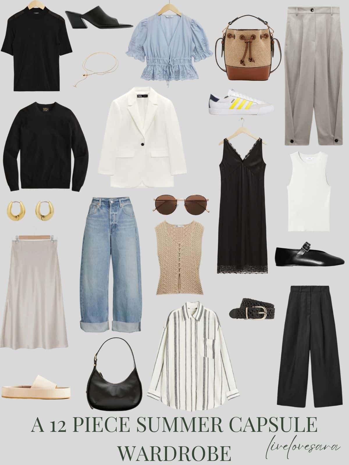 A white background with 12 clothing items plus shoes and accessories for a minimalist summer capsule wardrobe.