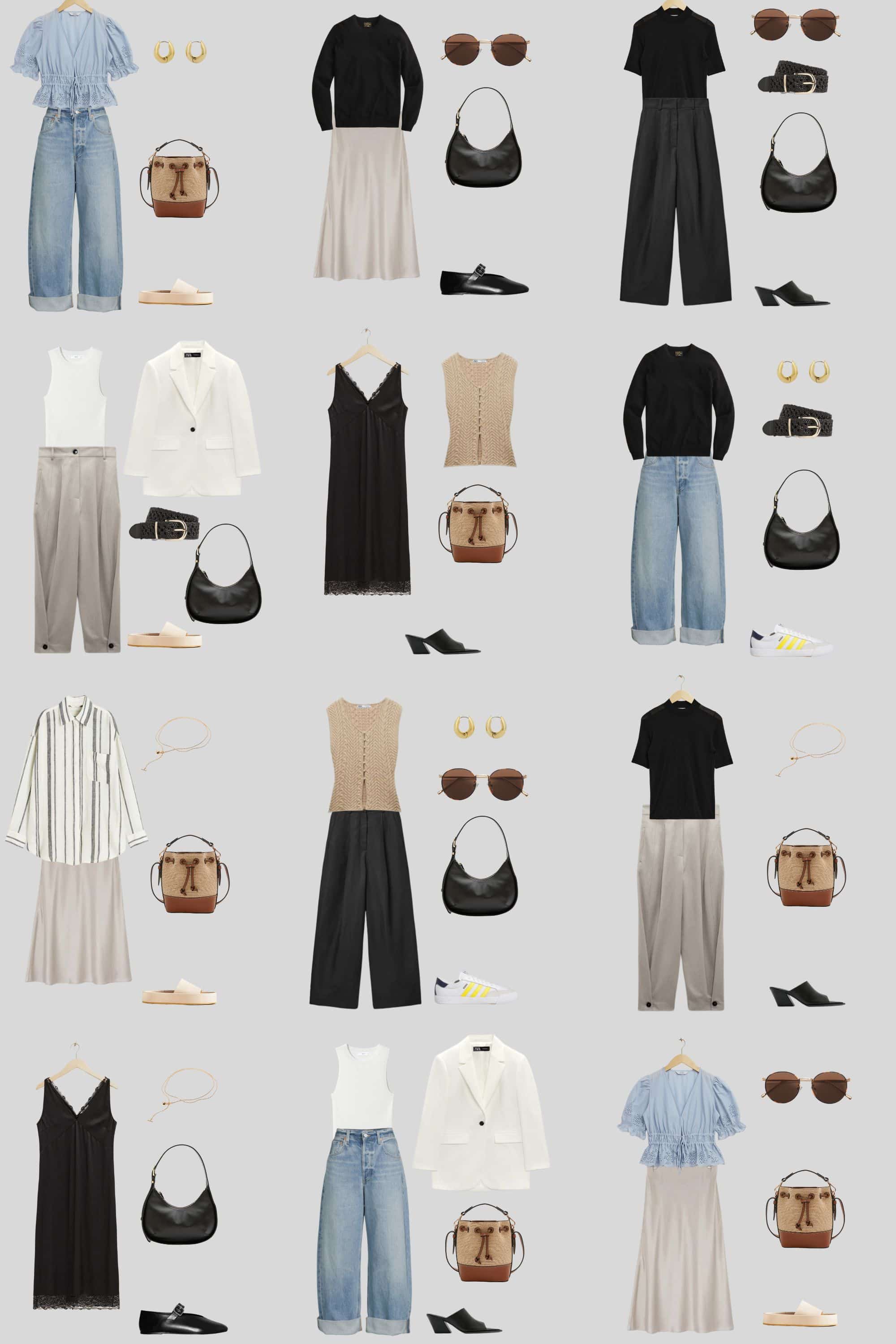 A light grey background with 12 outfits for a 12 Piece Minimalist Summer Capsule Wardrobe.