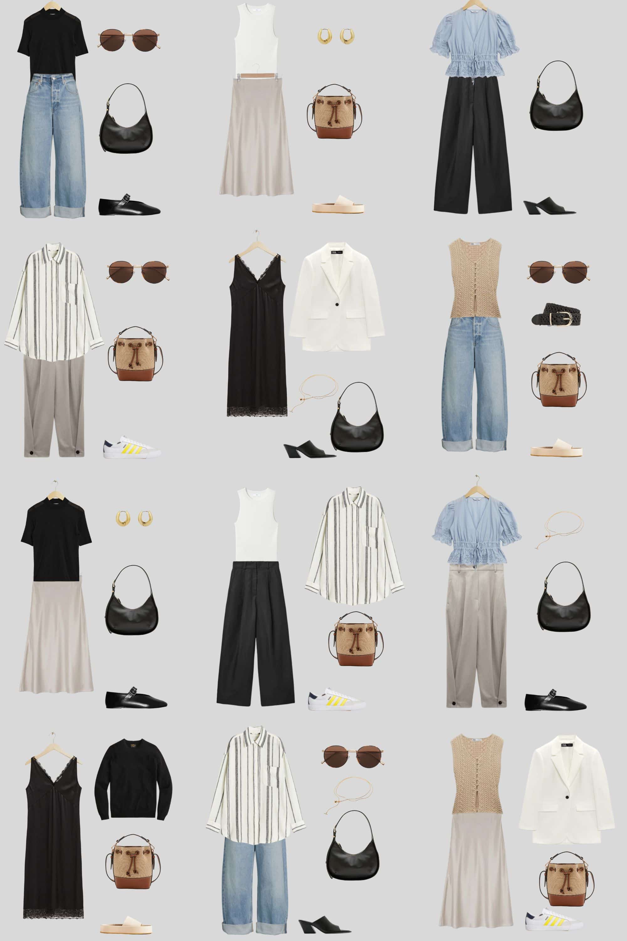 A light grey background with 12 outfits for a 12 Piece Minimalist Summer Capsule Wardrobe.