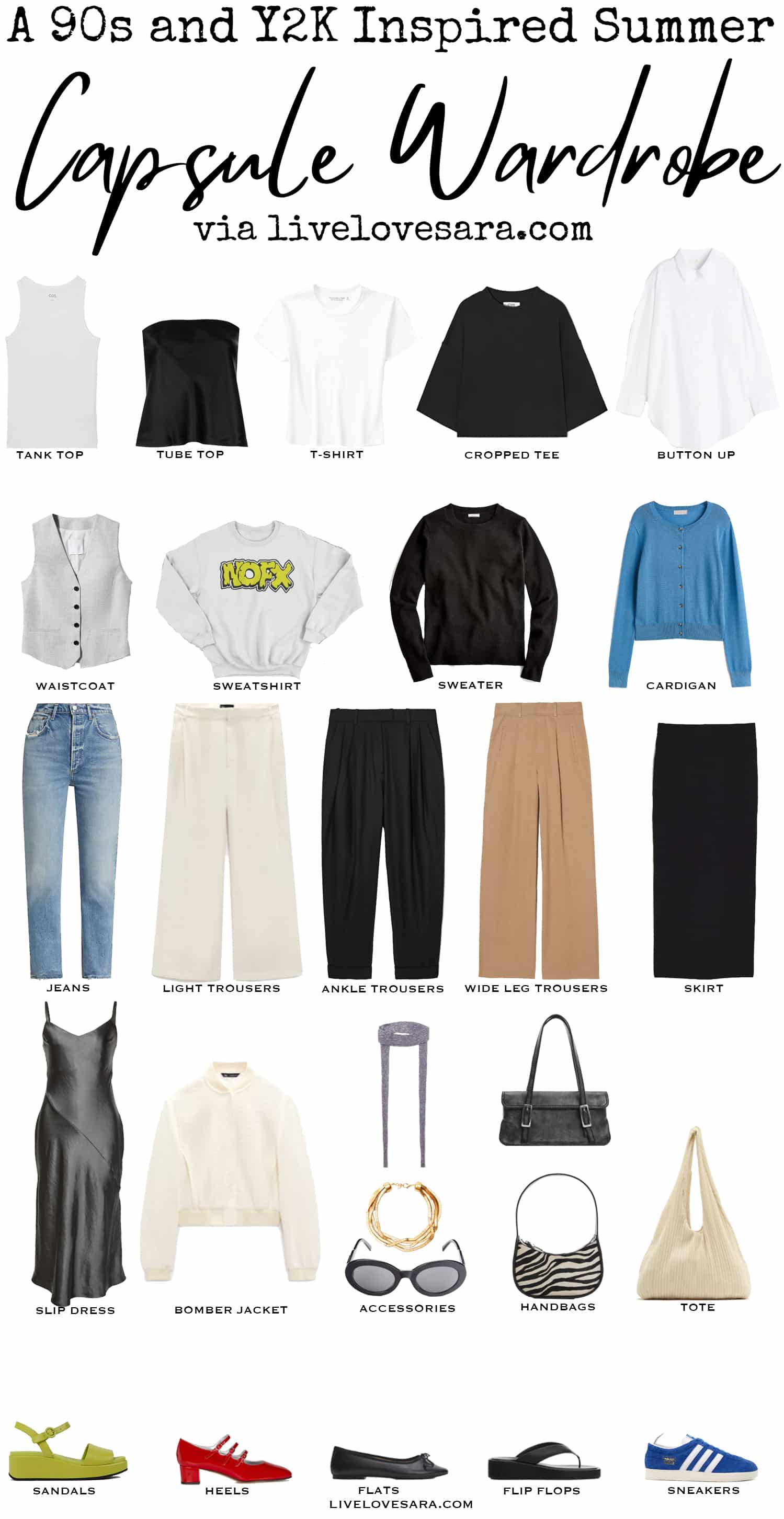 A white background with 27 items including clothes, shoes and accessories for a 90s and Y2K Inspired Summer capsule wardrobe.