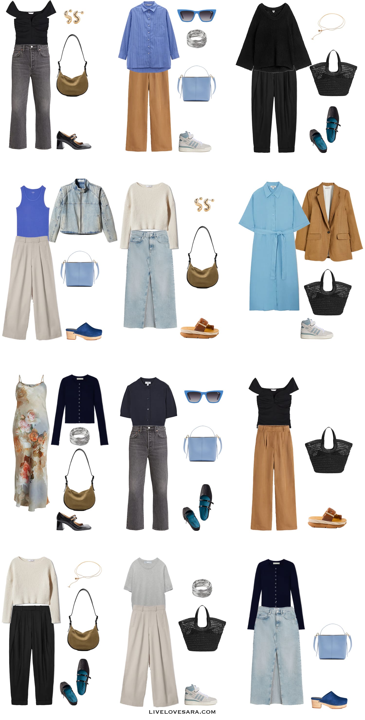 A white background with 12 outfits for a Transitional Spring to Summer Capsule Wardrobe.