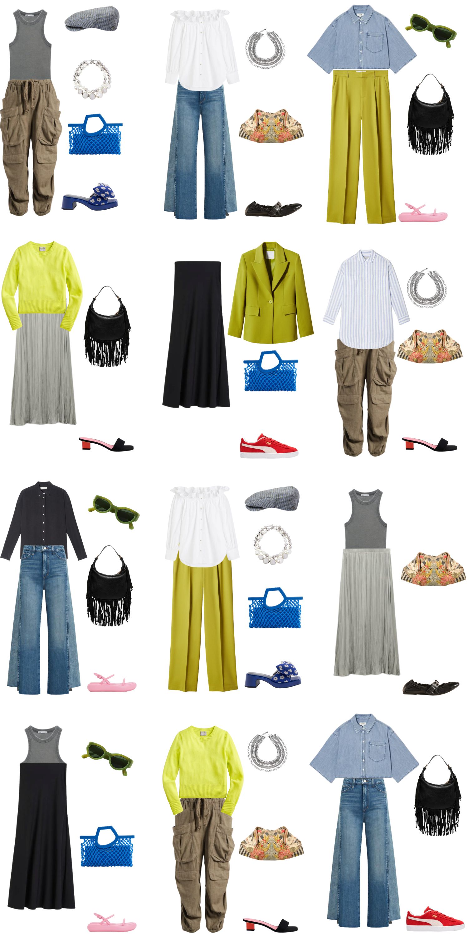 A white background with 12 outfits for a 12 Piece Edgy Summer Capsule Wardrobe.