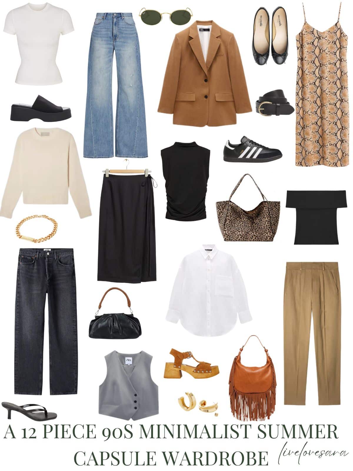 A white background with 12 clothing items plus shoes and accessories for a 90s Minimalist summer capsule wardrobe. At the bottom is black text that reads, "A 12 Piece Minimalist Summer Capsule Wardrobe."