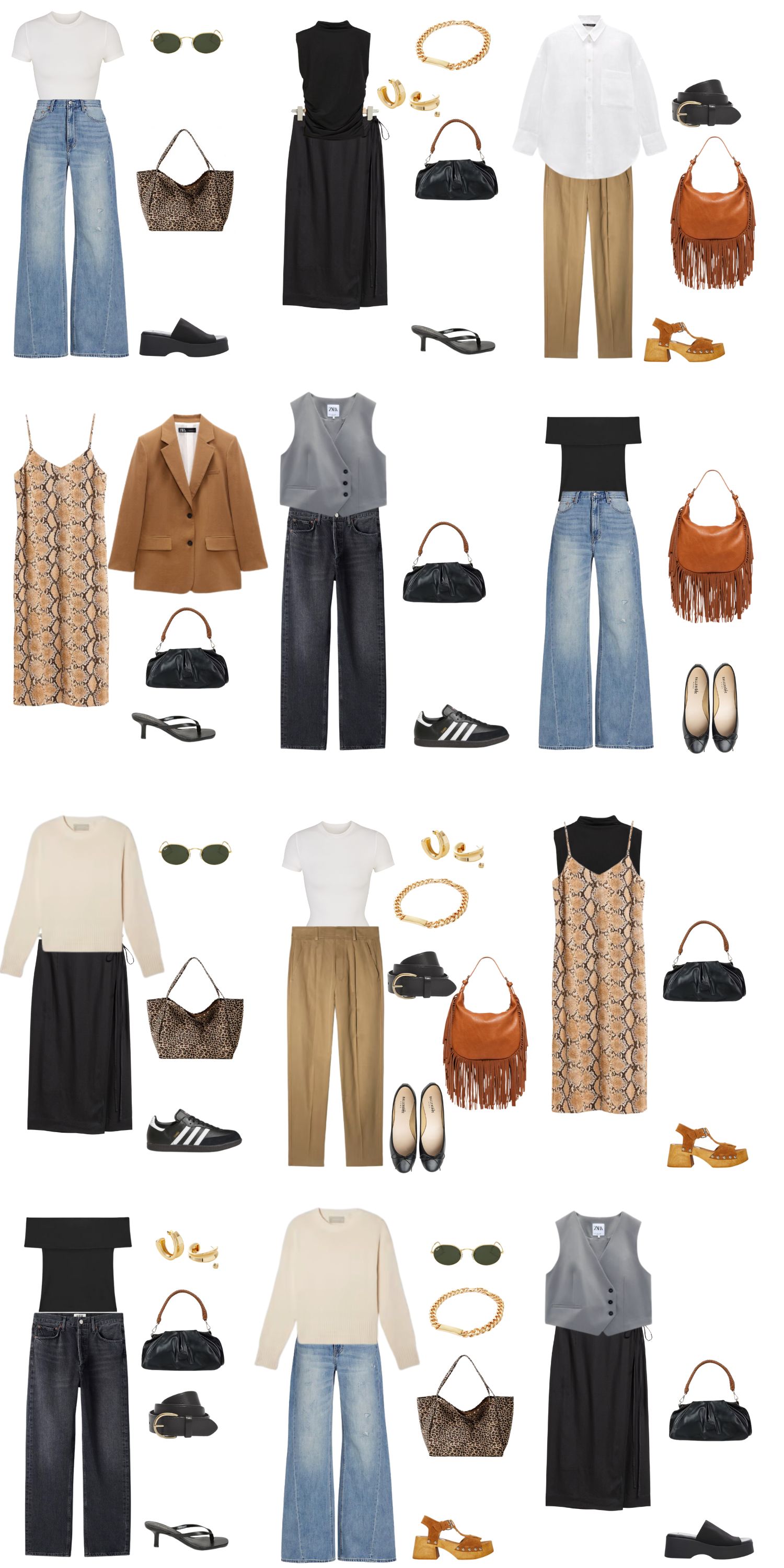 A white background with 12 outfits for a 12 Piece 90s Minimalism Summer Capsule Wardrobe.