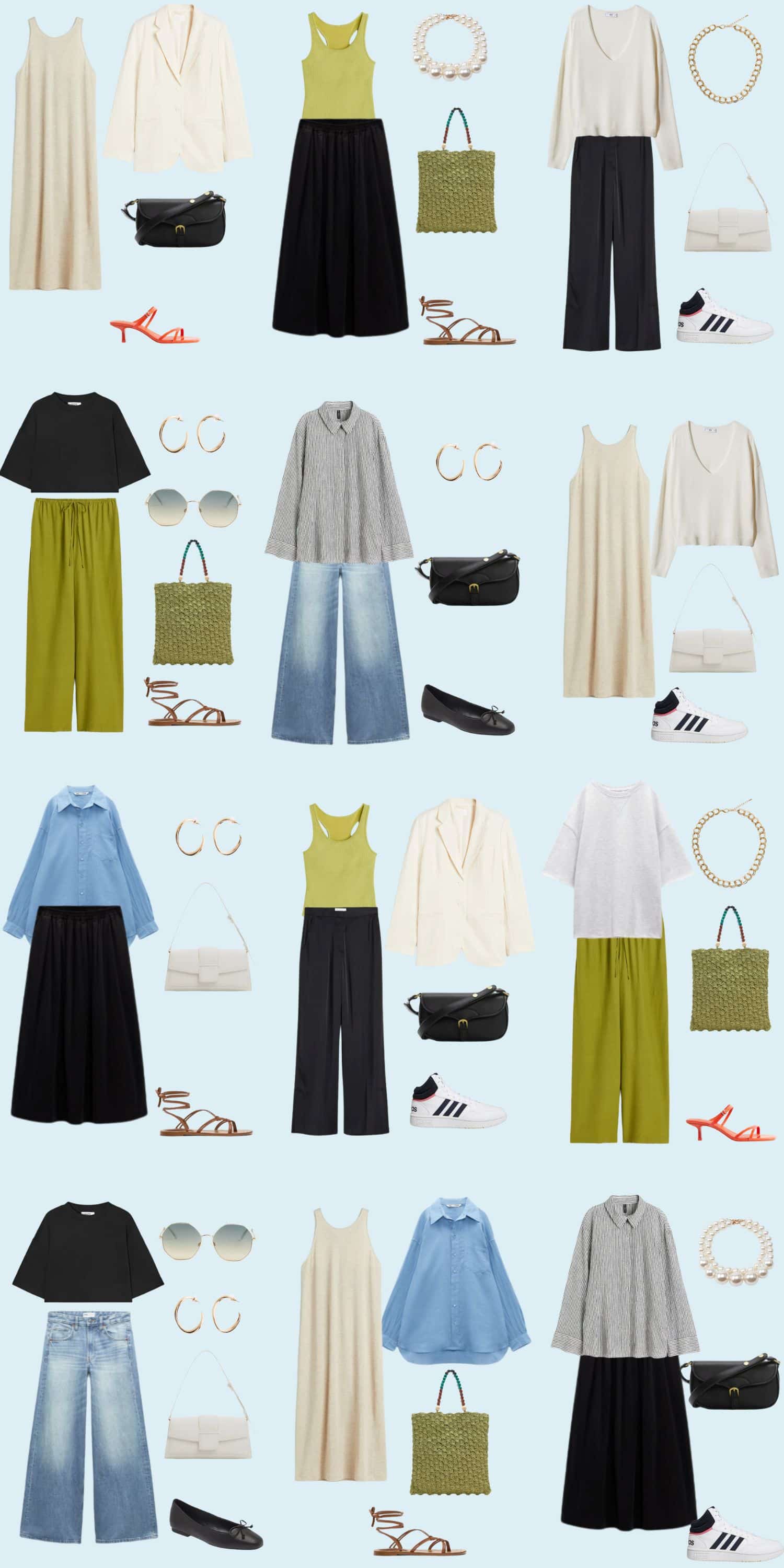 A light blue background with 12 outfits for a 12 Piece Budget Summer Capsule Wardrobe.