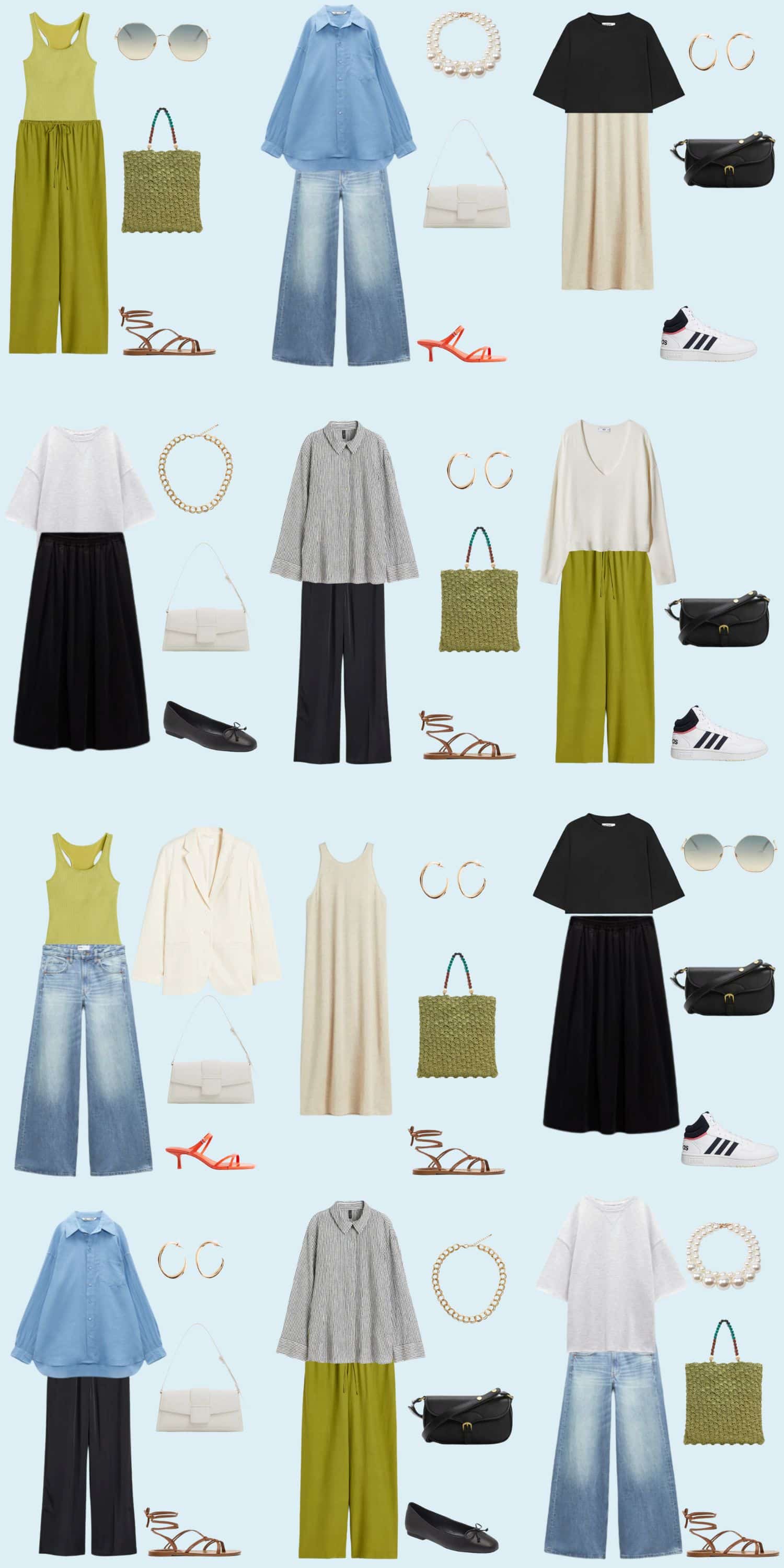 A light blue background with 12 outfits for a 12 Piece Budget Summer Capsule Wardrobe.