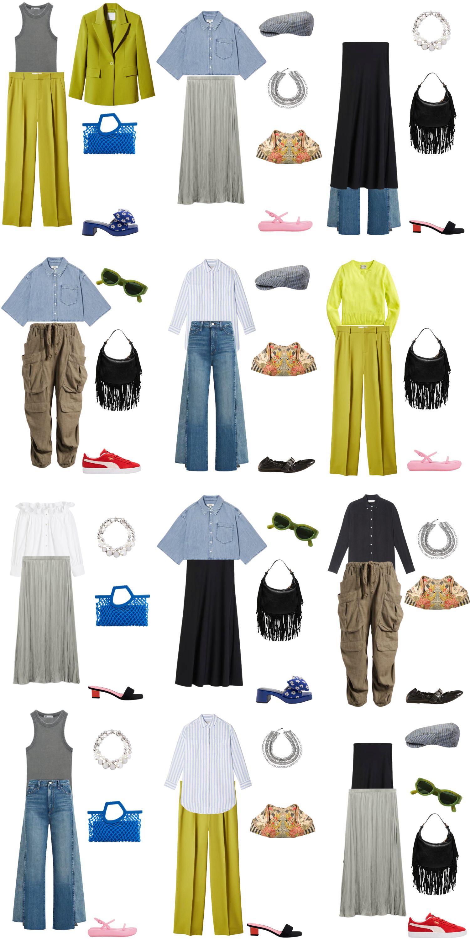 A white background with 12 outfits for a 12 Piece Edgy Summer Capsule Wardrobe.