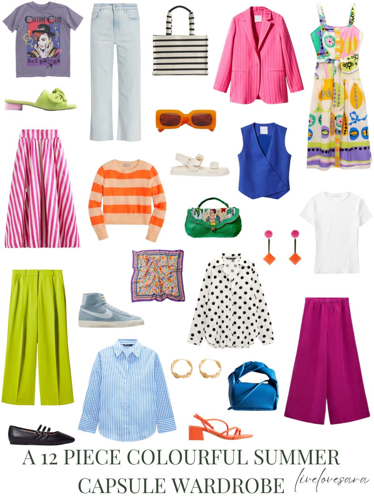 A white background with 12 outfits for a 12 Piece Colourful Summer Capsule Wardrobe.