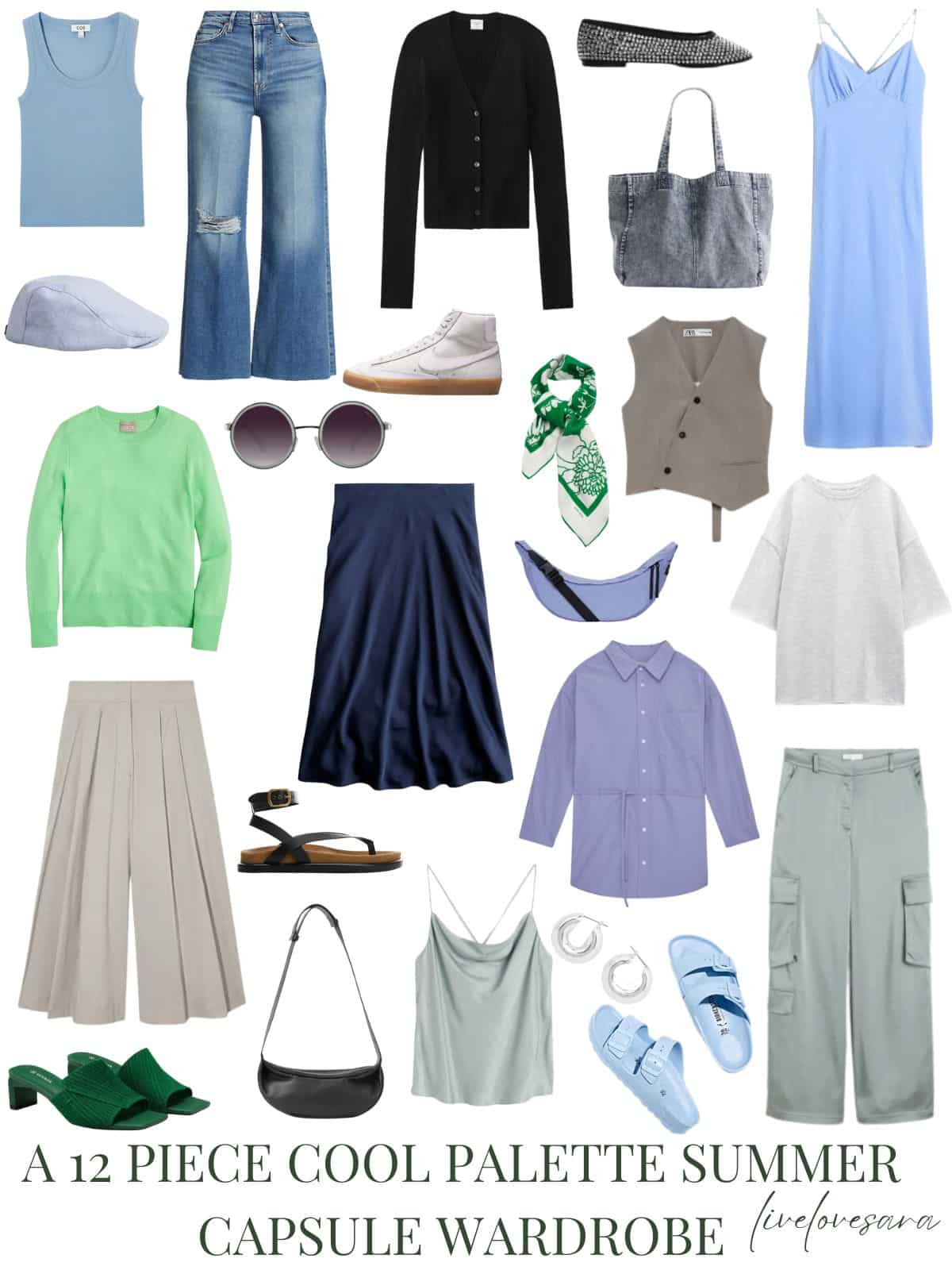 A white background with 12 clothing items plus shoes and accessories for an Cool Palette summer capsule wardrobe. At the bottom is black text that reads, "A 12 Piece Cool Palette Summer Capsule Wardrobe."