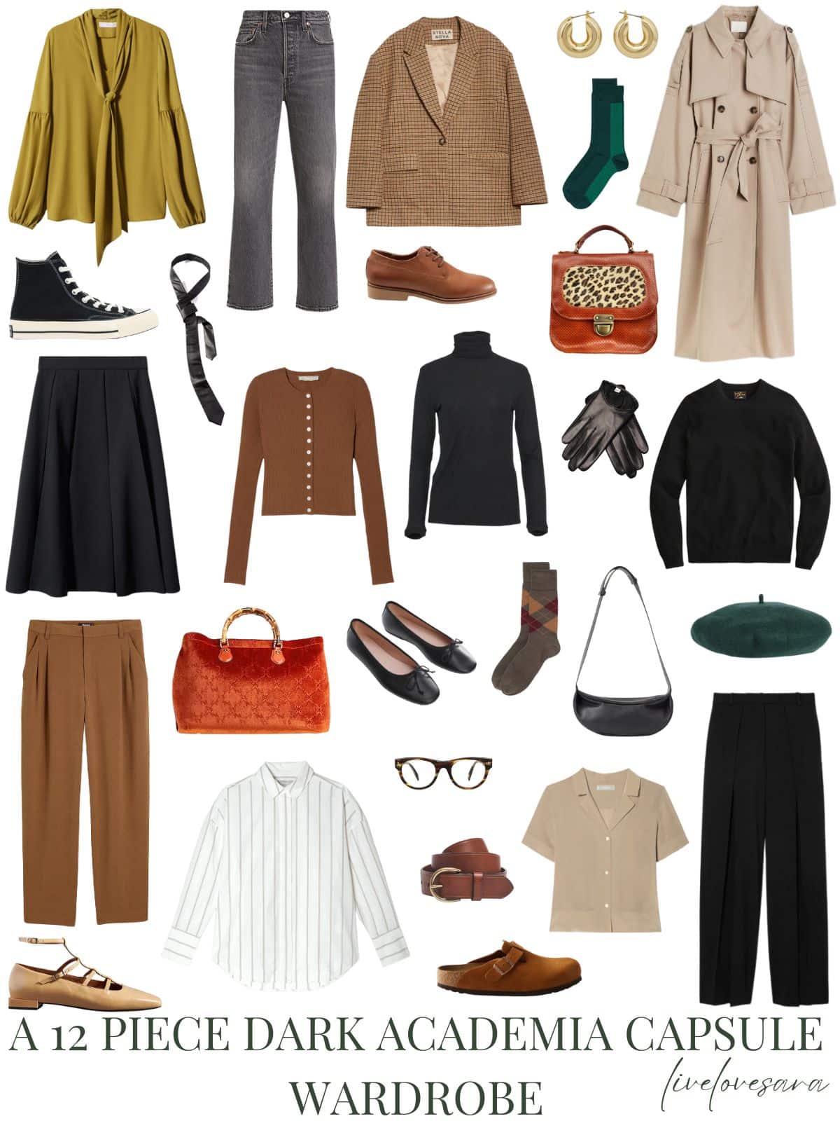 A white background with 12 outfits for a 12 Piece Dark Academia Fall Capsule Wardrobe.