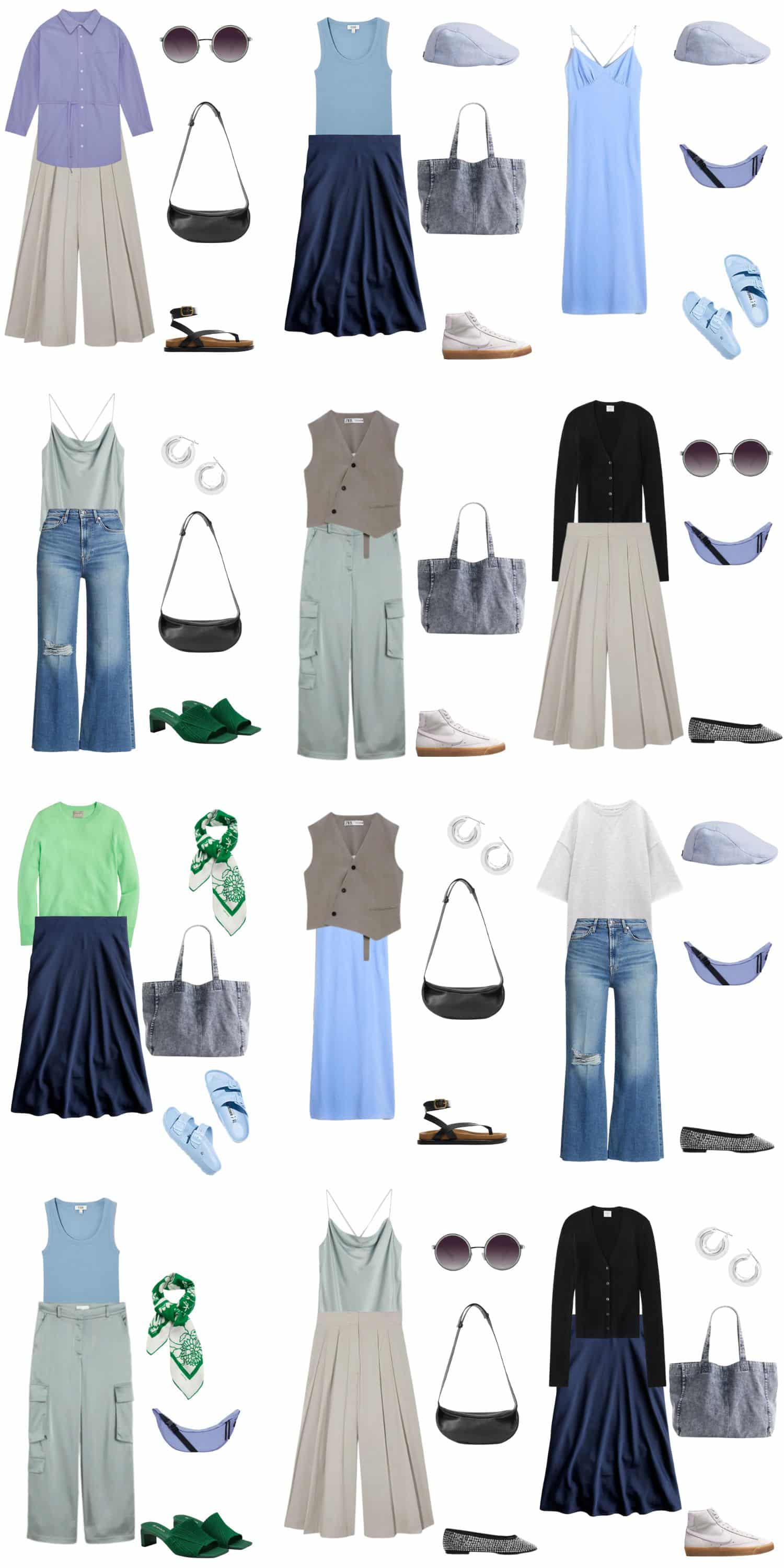 A white background with 12 outfits for a 12 Piece Cool Palette Summer Capsule Wardrobe.