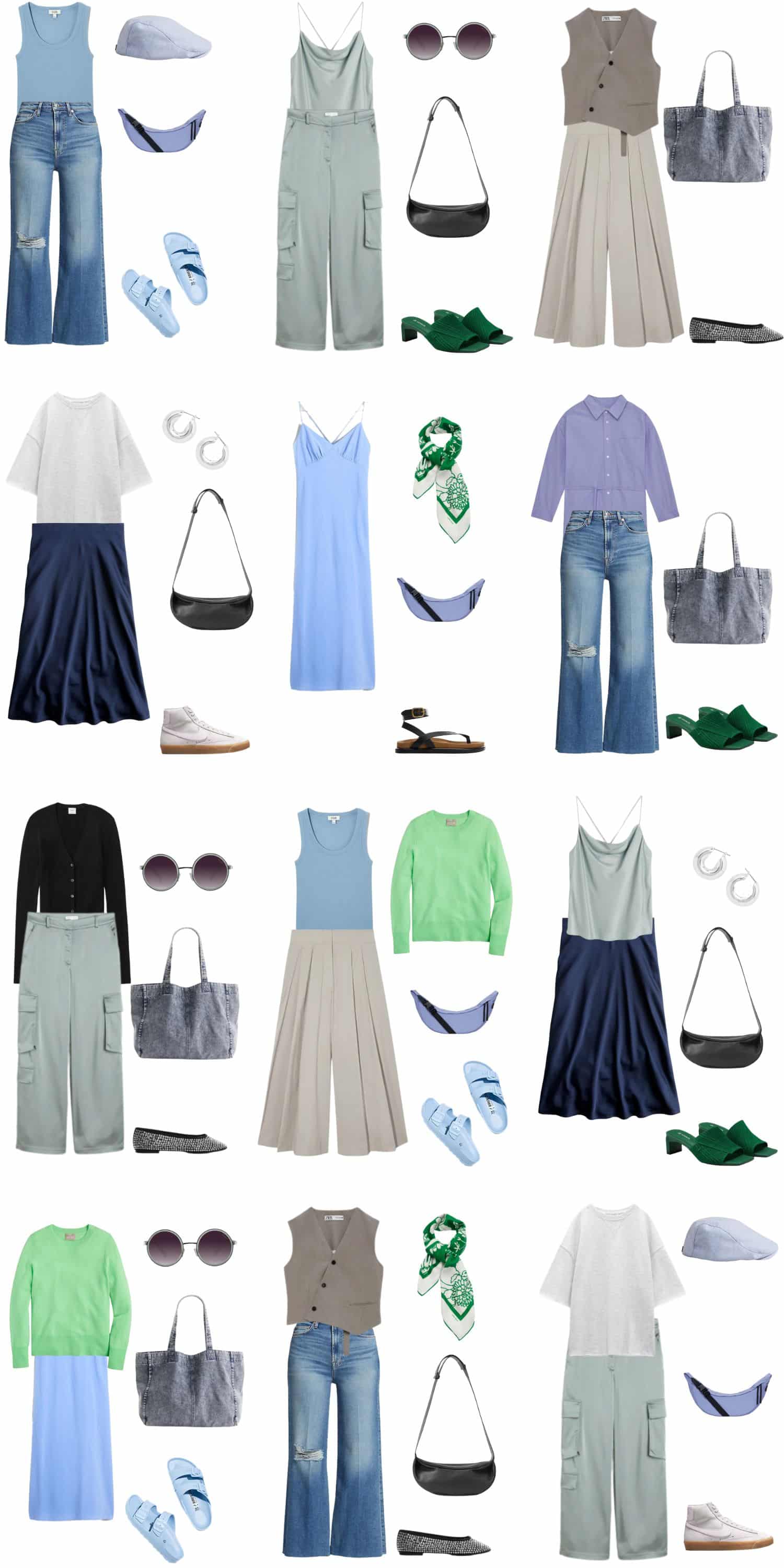 A white background with 12 outfits for a 12 Piece Cool Palette Summer Capsule Wardrobe.