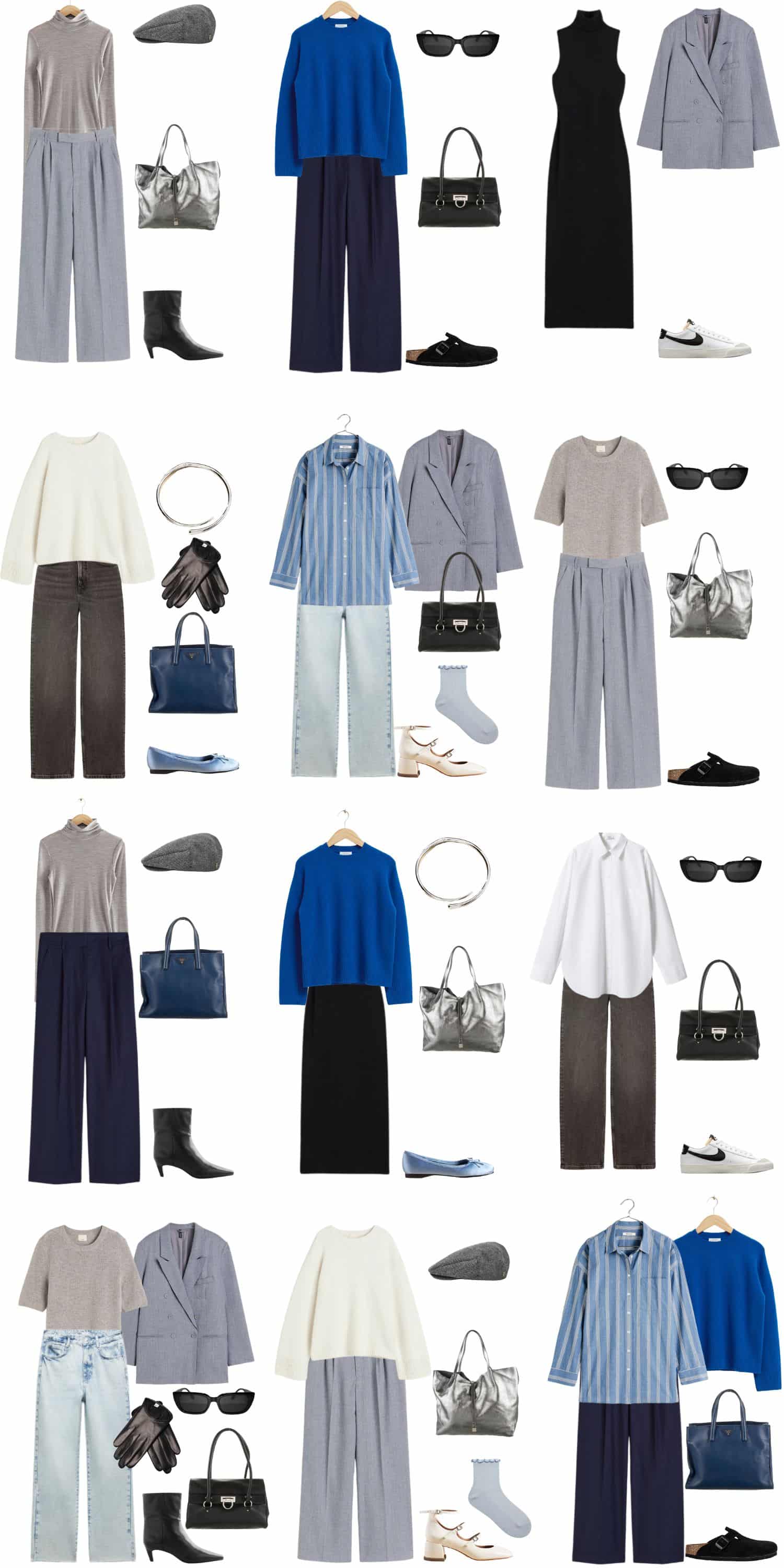 A white background with 12 outfits for a 12 Piece Minimalist Fall Capsule Wardrobe.