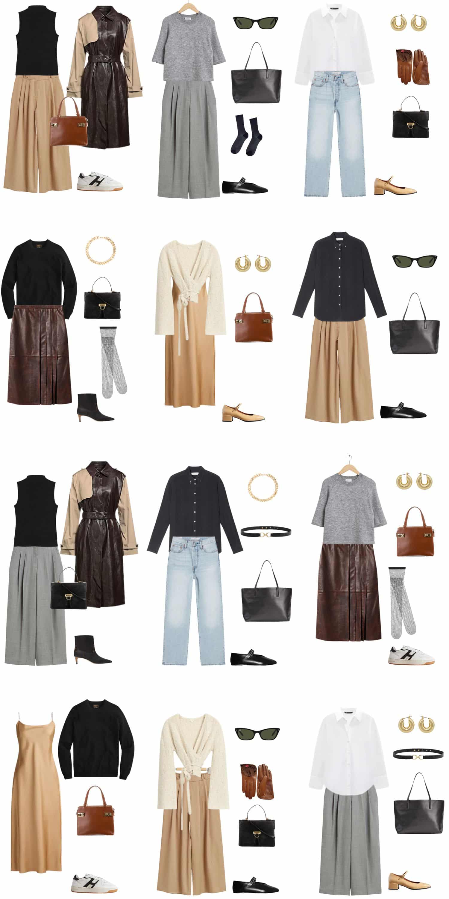 A white background with 12 outfits for a 12 Piece Quiet Luxury Fall Capsule Wardrobe.