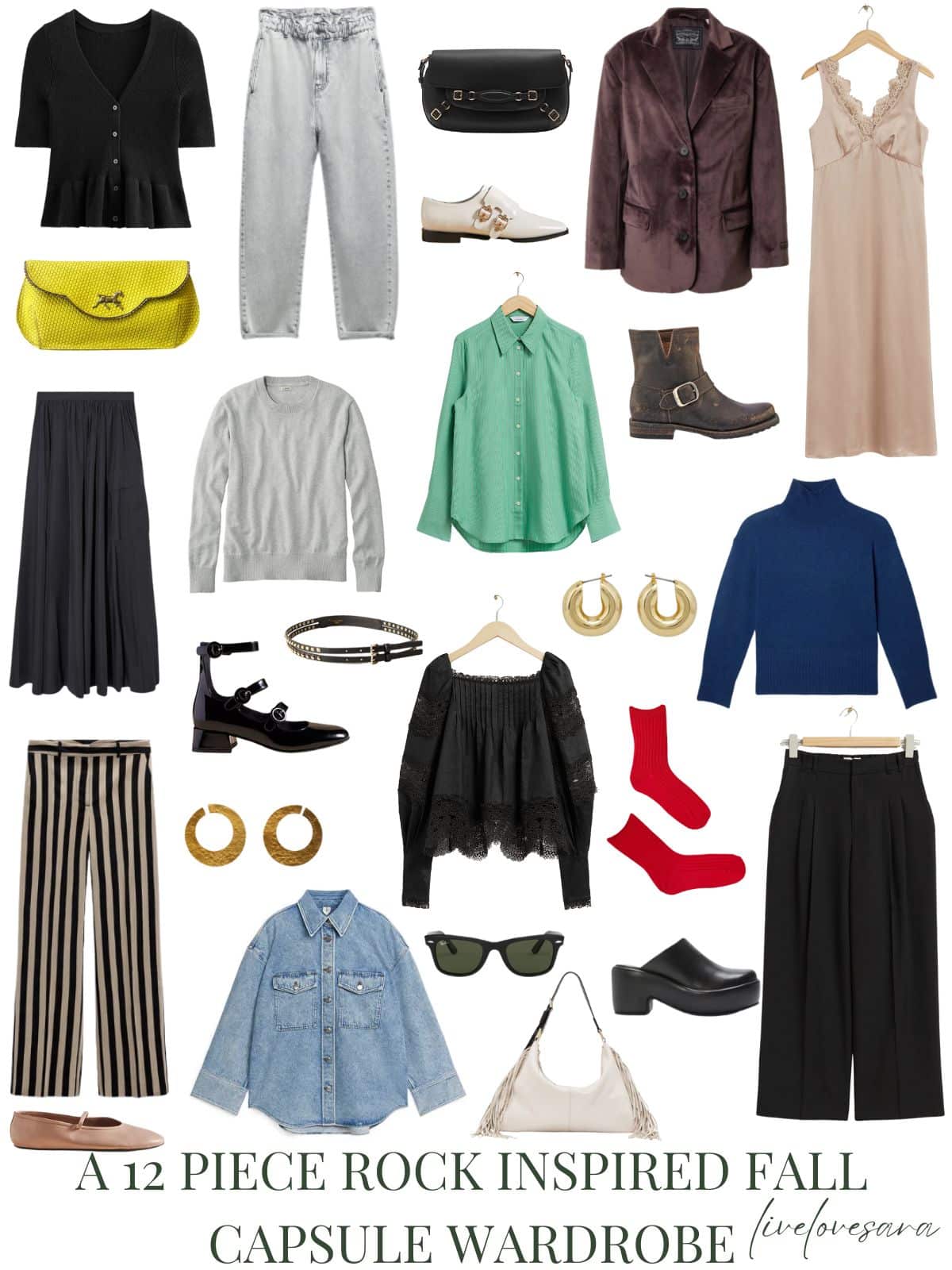 A white background with 12 outfits for a 12 Piece Rock Inspired Fall Capsule Wardrobe.
