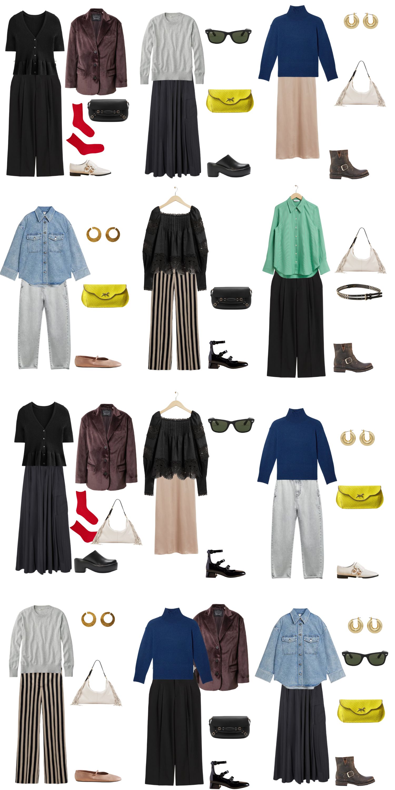 A white background with 12 outfits for a 12 Piece Rock Inspired Fall Capsule Wardrobe.