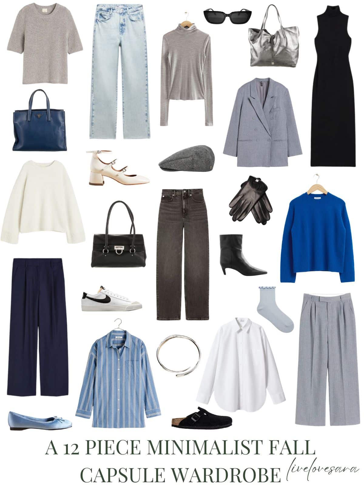 A white background with 12 outfits for a 12 Piece Minimalist Fall Capsule Wardrobe.