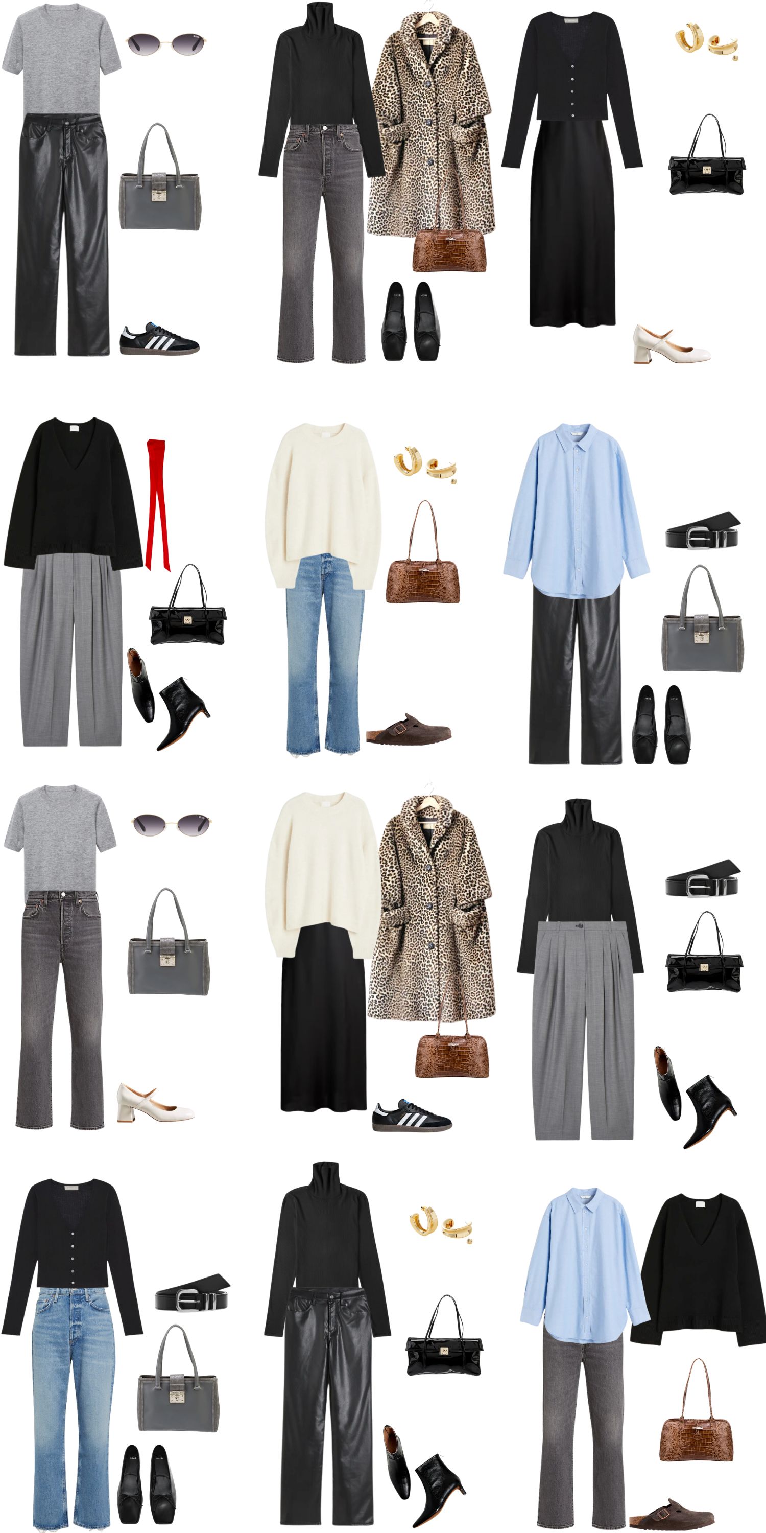 A white background with 12 outfits for a 12 Piece 90s Minimalist Fall Capsule Wardrobe.